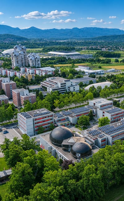 Aerial view of apartment blocks and green spaces in Sofia's Fakulteta district below mountains