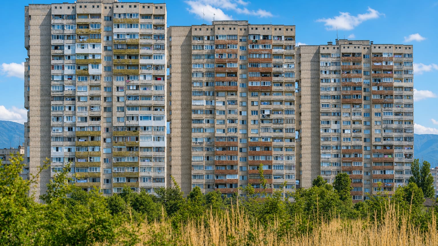 Socialist-era prefab apartment towers backed by mountains in Sofia's Mladost District