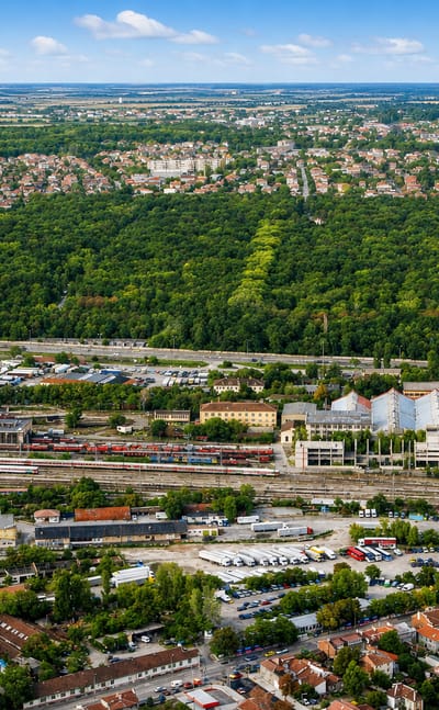 Aerial view of the marshalling rail yards and low-rise buildings of Sofia's Orlandovtsi district