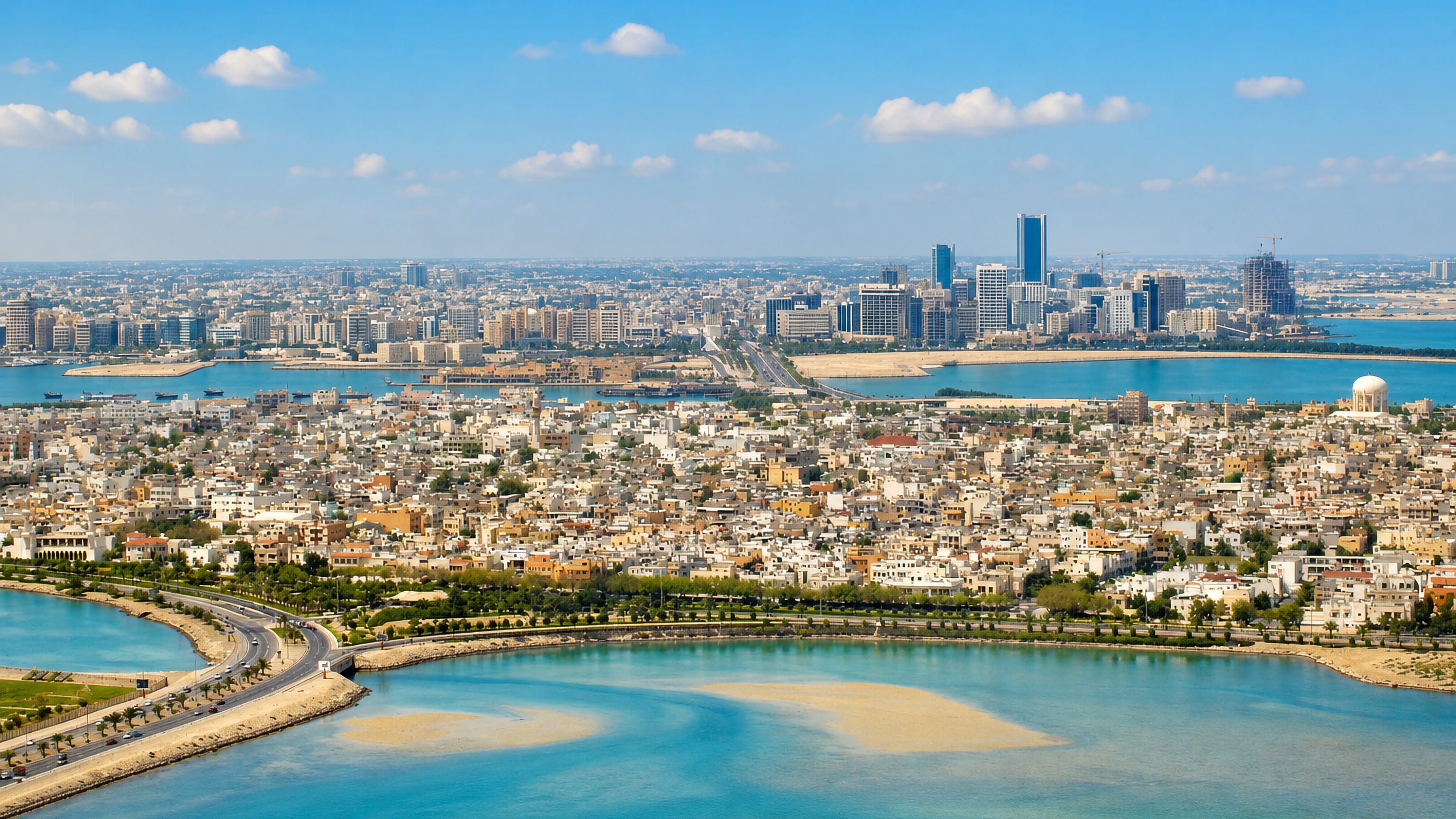 Al Muharraq's dense low-rise island from the air, with causeways and Manama's towers across the water.
