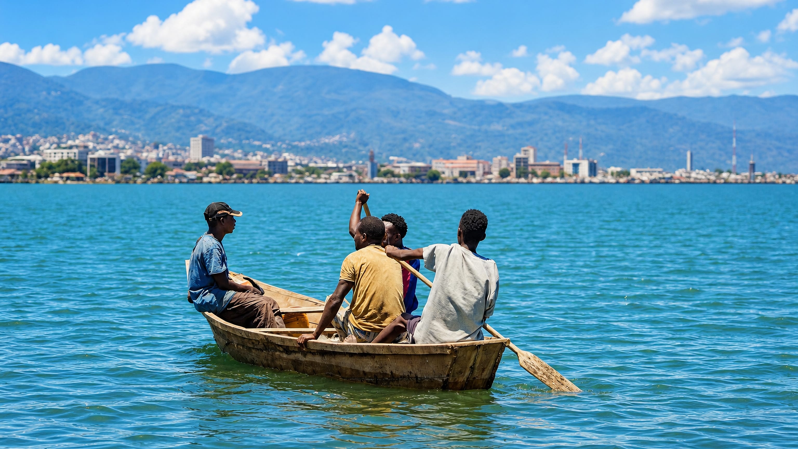 Fishermen paddle a wooden canoe on Lake Tanganyika toward the Bujumbura skyline and hills, Burundi.