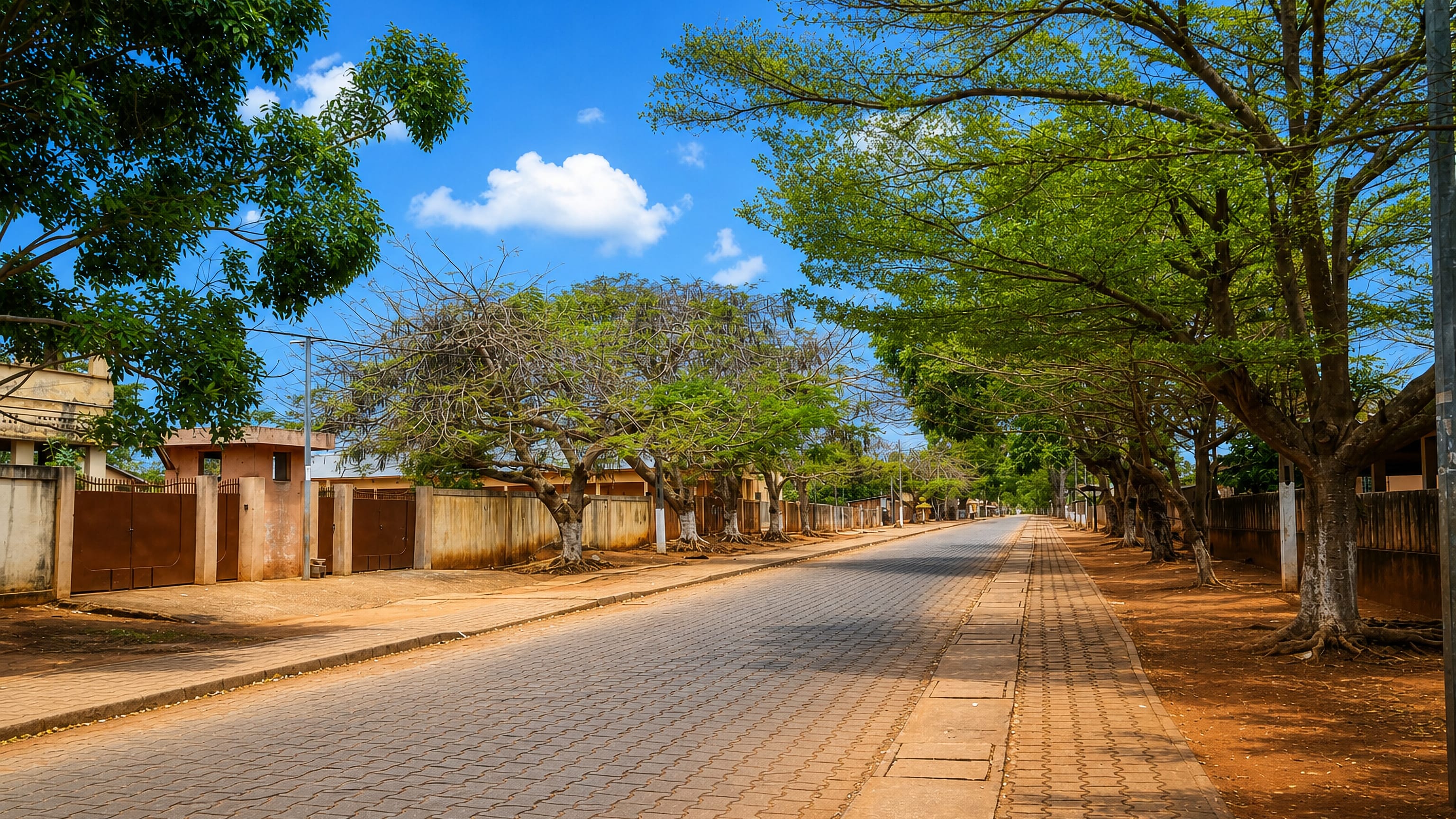 Quiet tree-lined street with red laterite verges and walled compounds in Abomey, Benin.