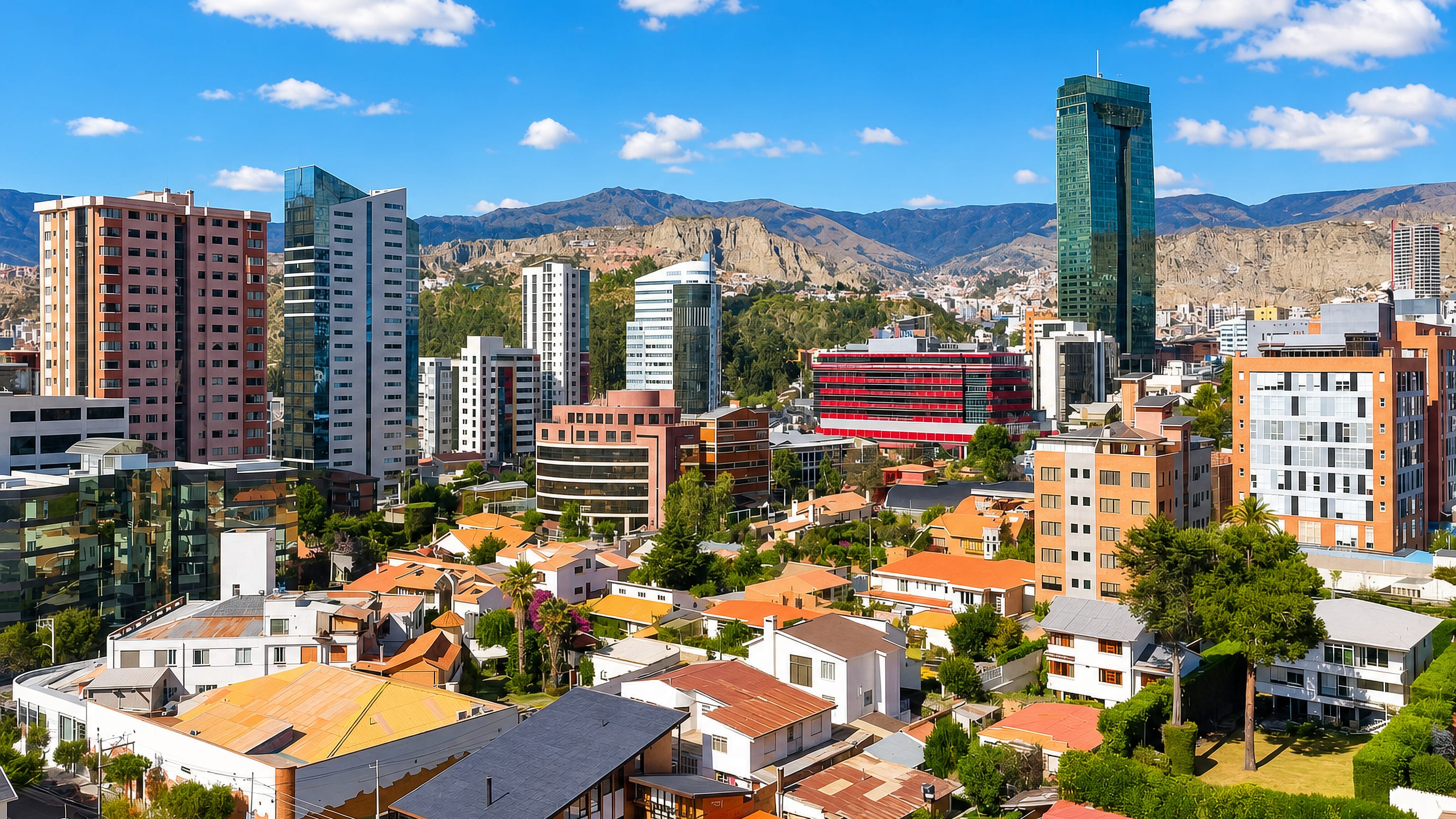 Calacoto's glass high-rises and red-tiled villas below the arid ridges of La Paz's Zona Sur