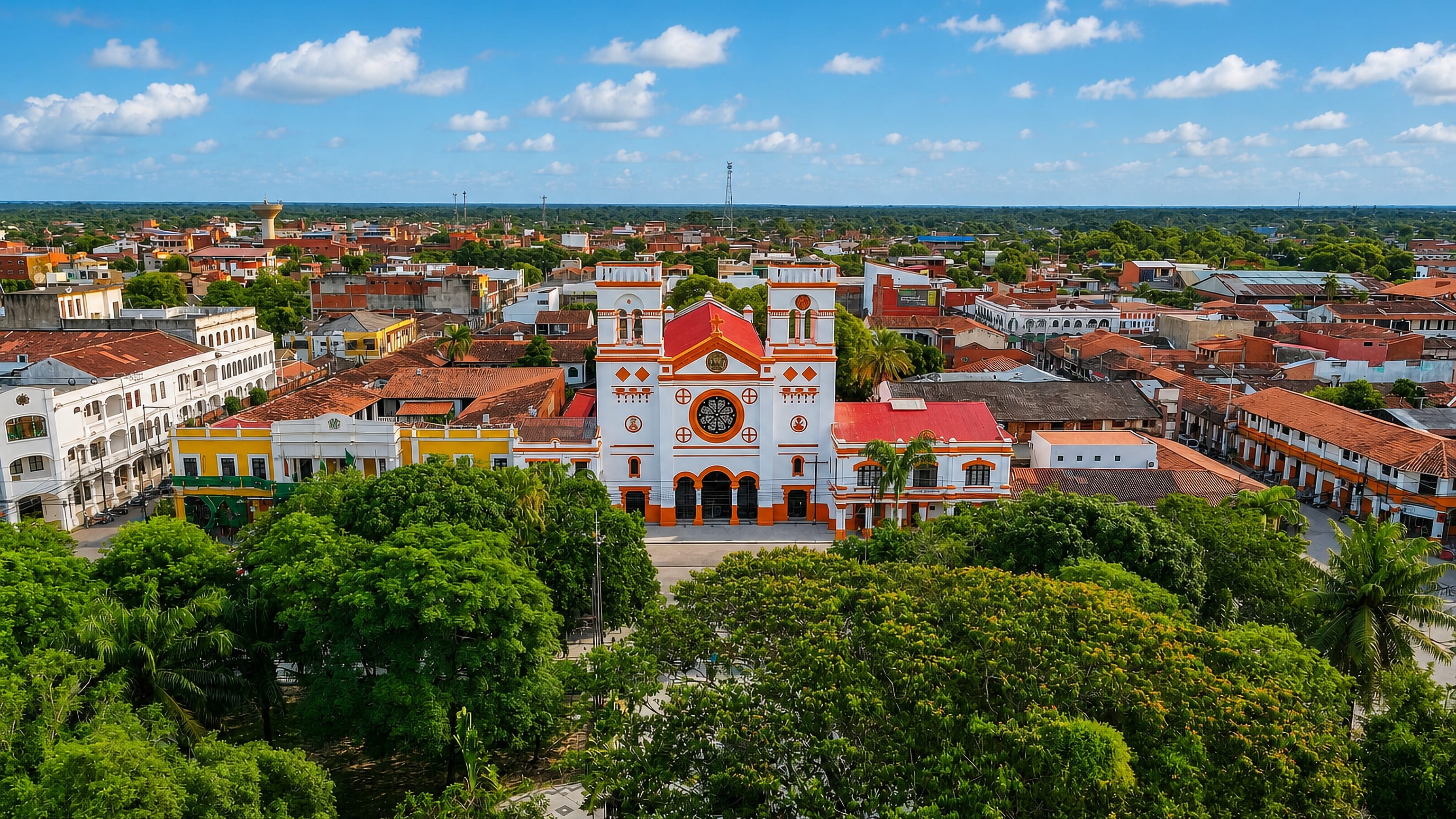 Trinidad's white cathedral beside its tree-filled main plaza among terracotta rooftops in Beni, Bolivia.