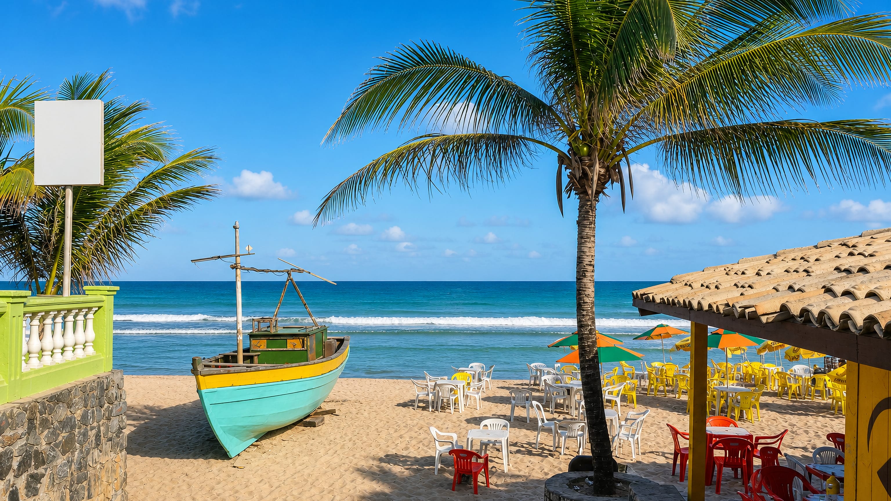 Fishing boat and a beach kiosk under palms on the Atlantic shore at Camaçari, Bahia.