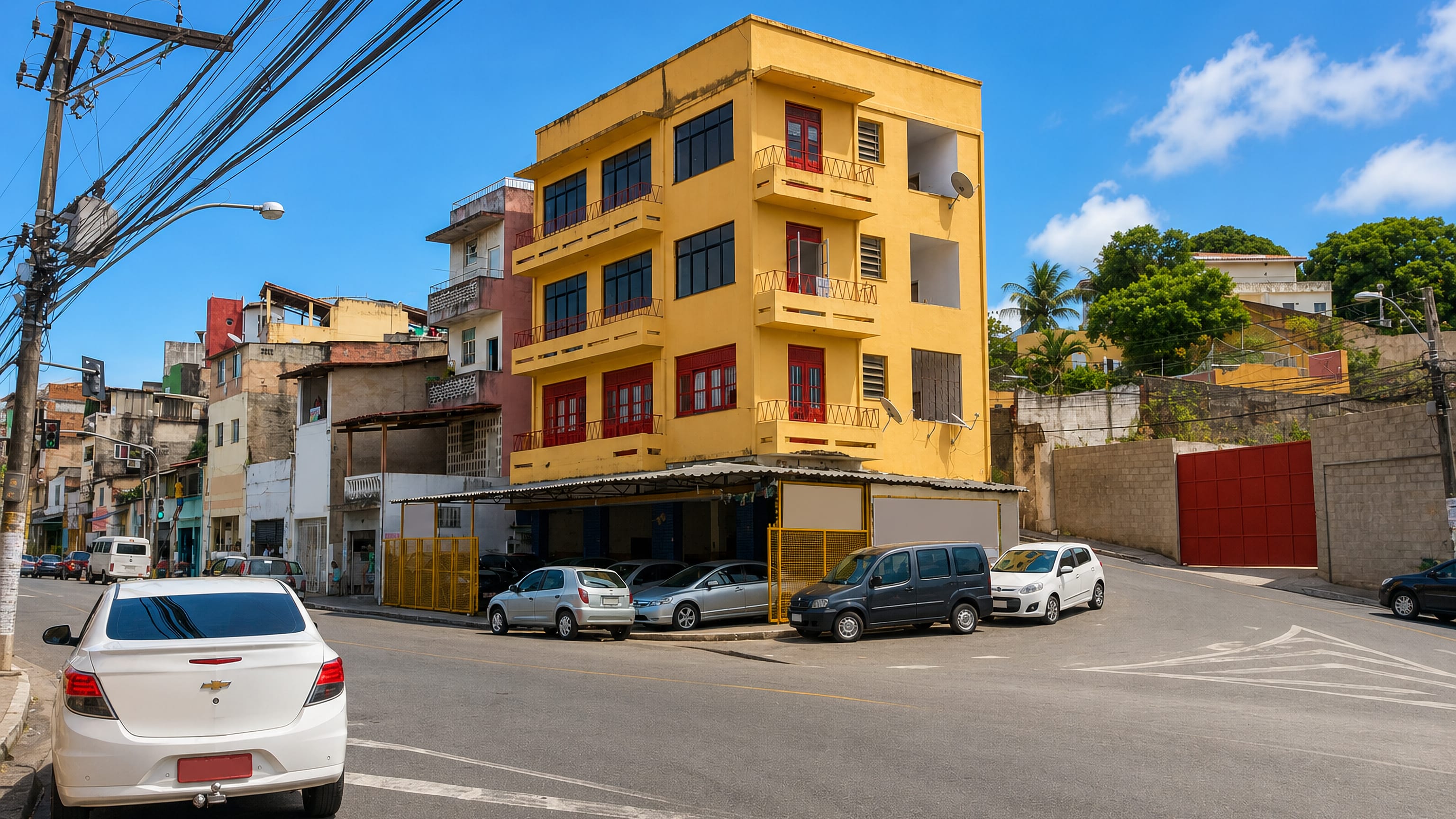 Yellow corner apartment block and hillside streets in the Barbalho neighbourhood of Salvador, Bahia.