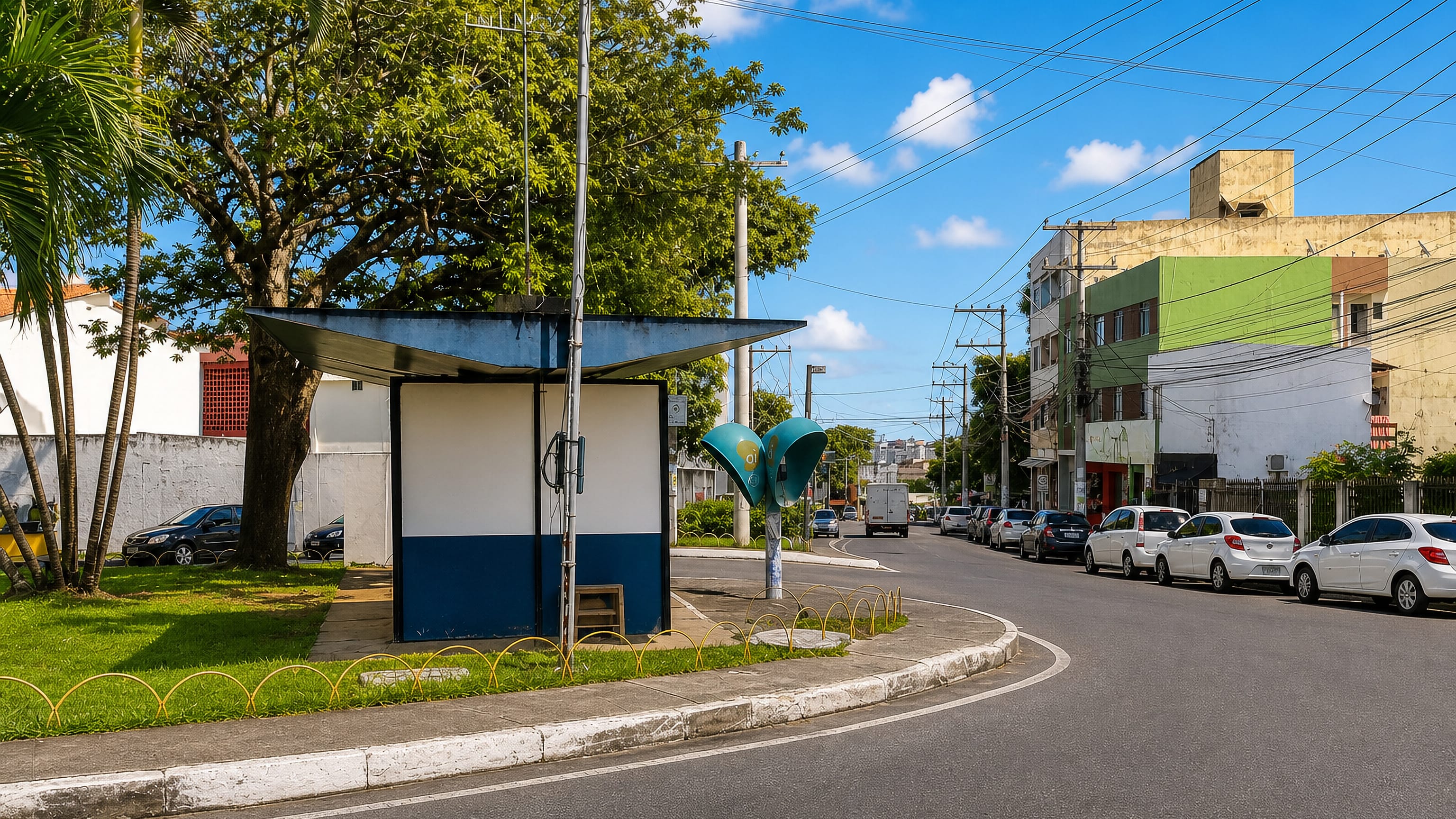 A bus shelter, palms and parked cars on a quiet residential street in Cabula VI, Salvador.