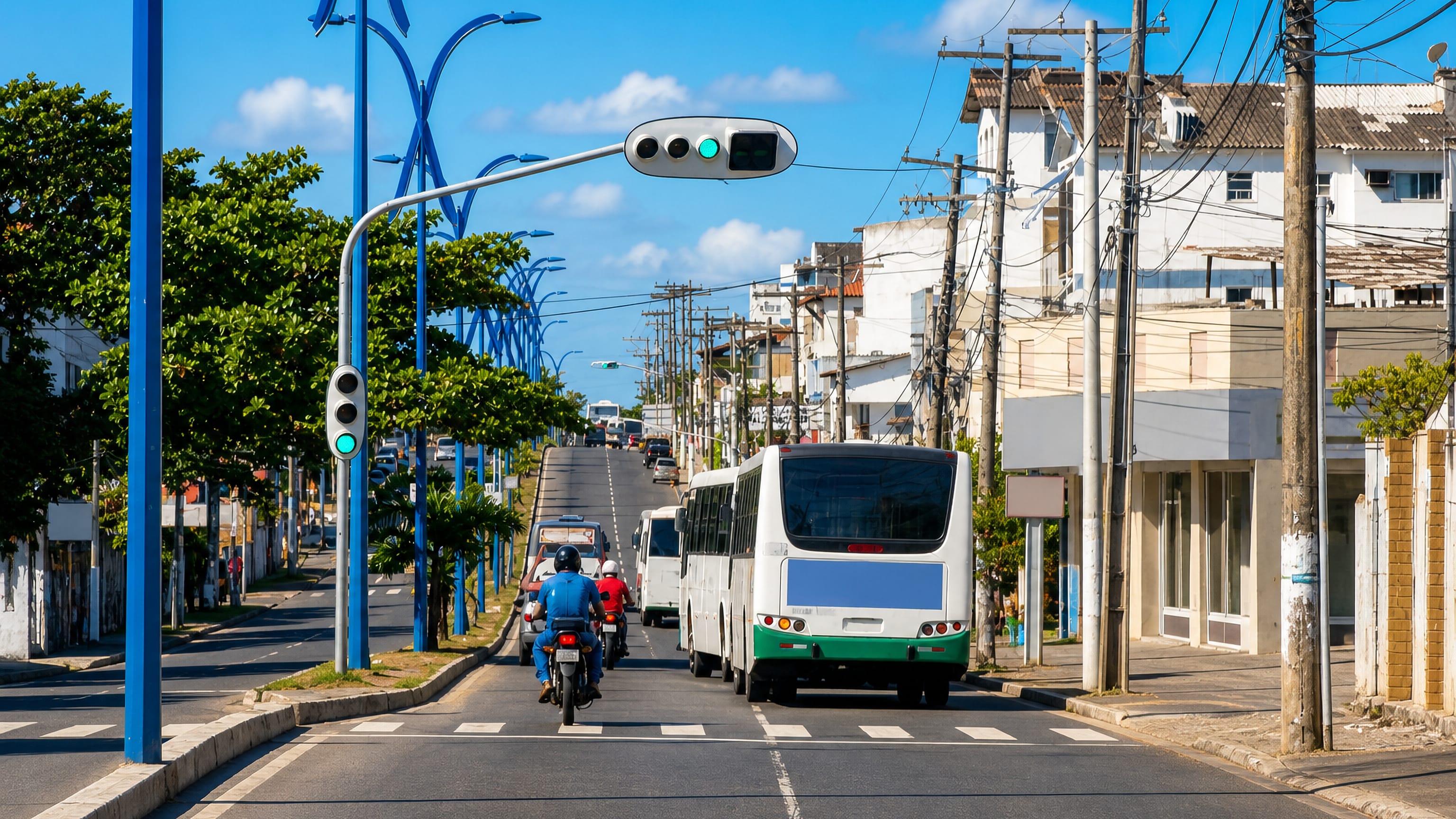 Bus and motorcyclists on a palm-lined avenue through the Itapua neighbourhood of Salvador, Bahia.