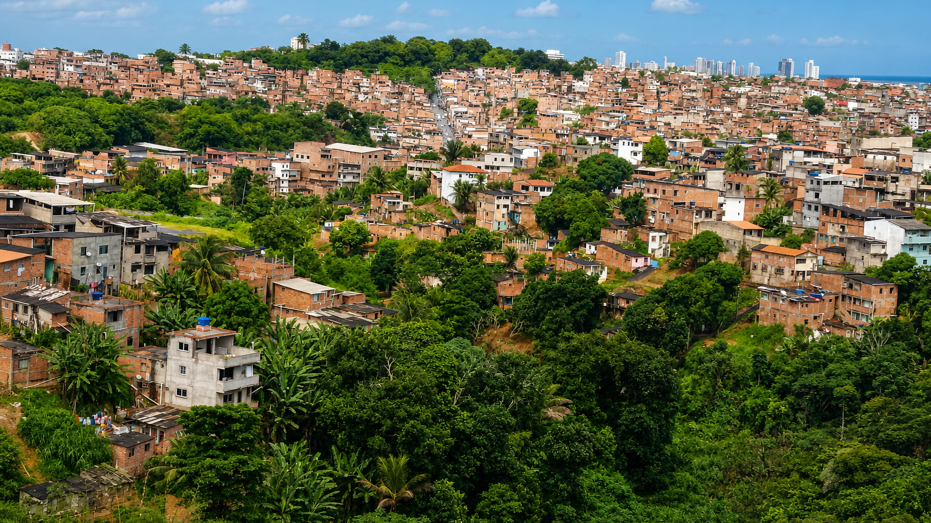 Hillside houses and tropical greenery in Sete de Abril, Salvador, with the city skyline and ocean beyond.