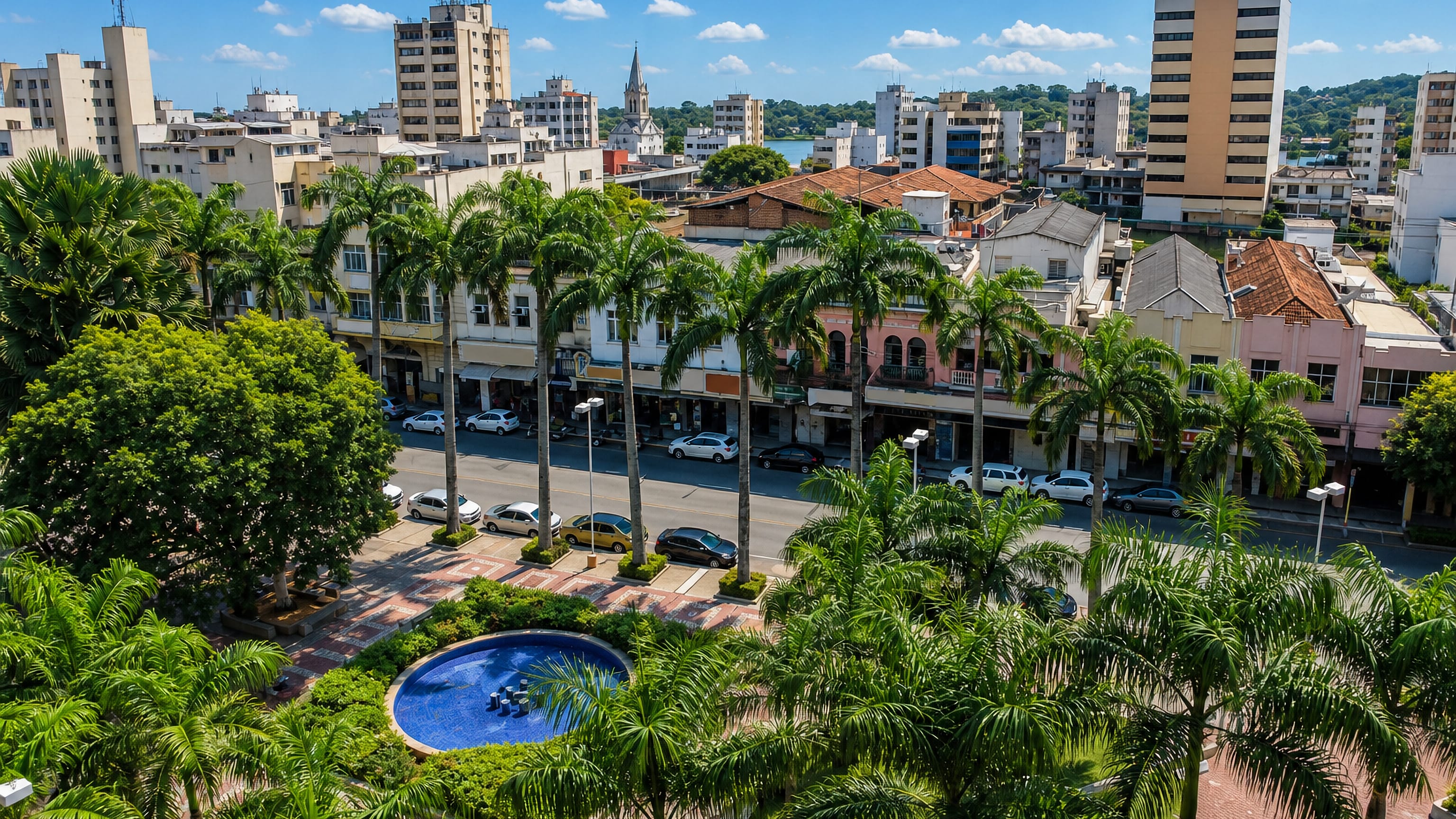 Palm-lined central square and mid-rise blocks in Cachoeiro de Itapemirim, Espírito Santo, Brazil.