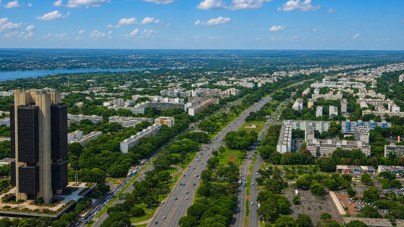 Aerial of Brasilia showing the twin dark towers of the Banco Central above the monumental axis and Lake Paranoa