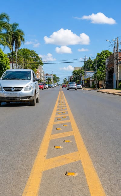 Cars on a palm-lined main road through Vicente Pires, a residential region of Brazil's Federal District