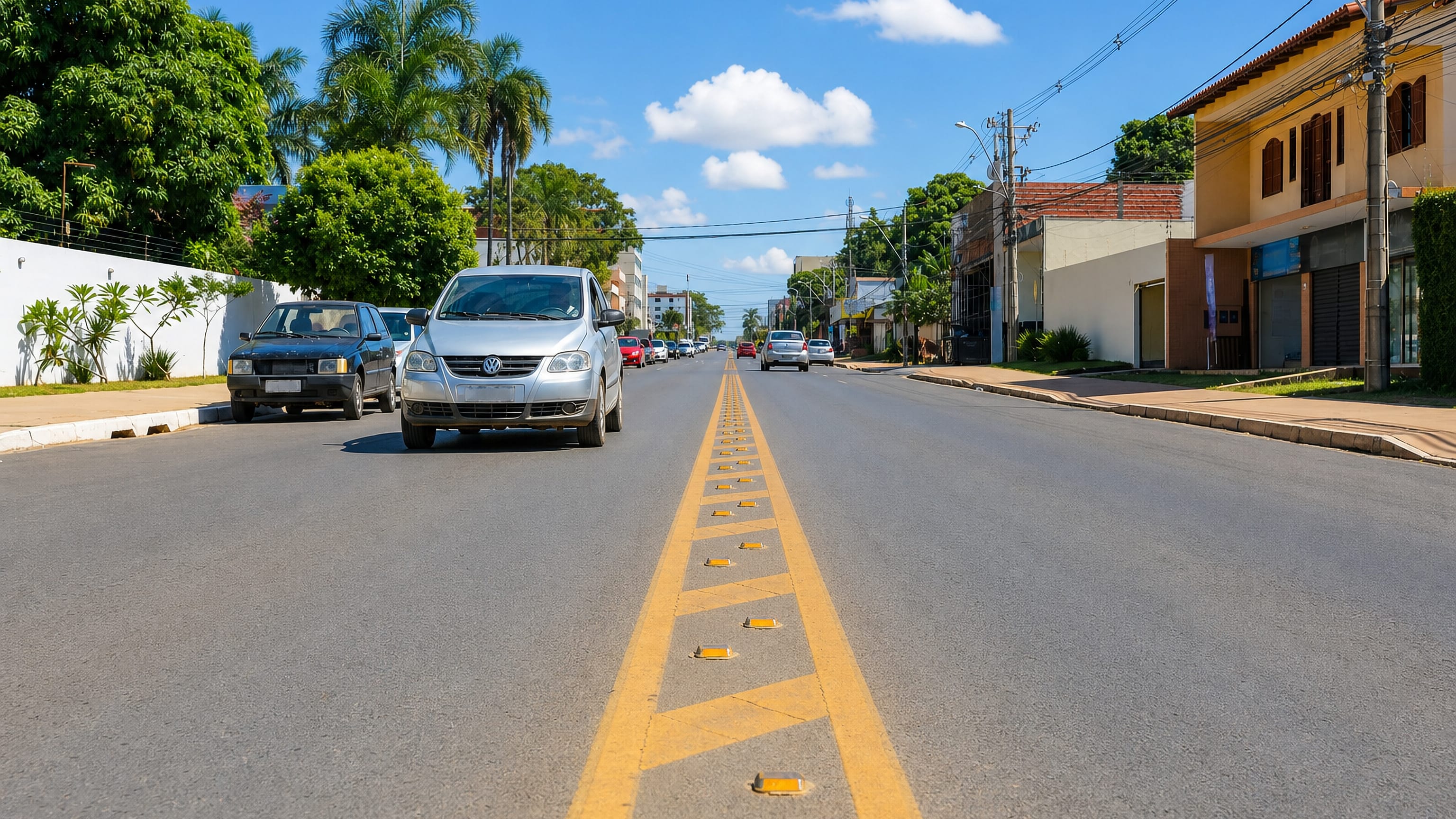 Cars on a palm-lined main road through Vicente Pires, a residential region of Brazil's Federal District