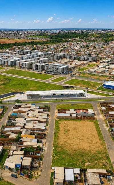 Aerial over the Pôr do Sol sector of Sol Nascente/Pôr do Sol, with self-built brick homes, new housing blocks and open lots.