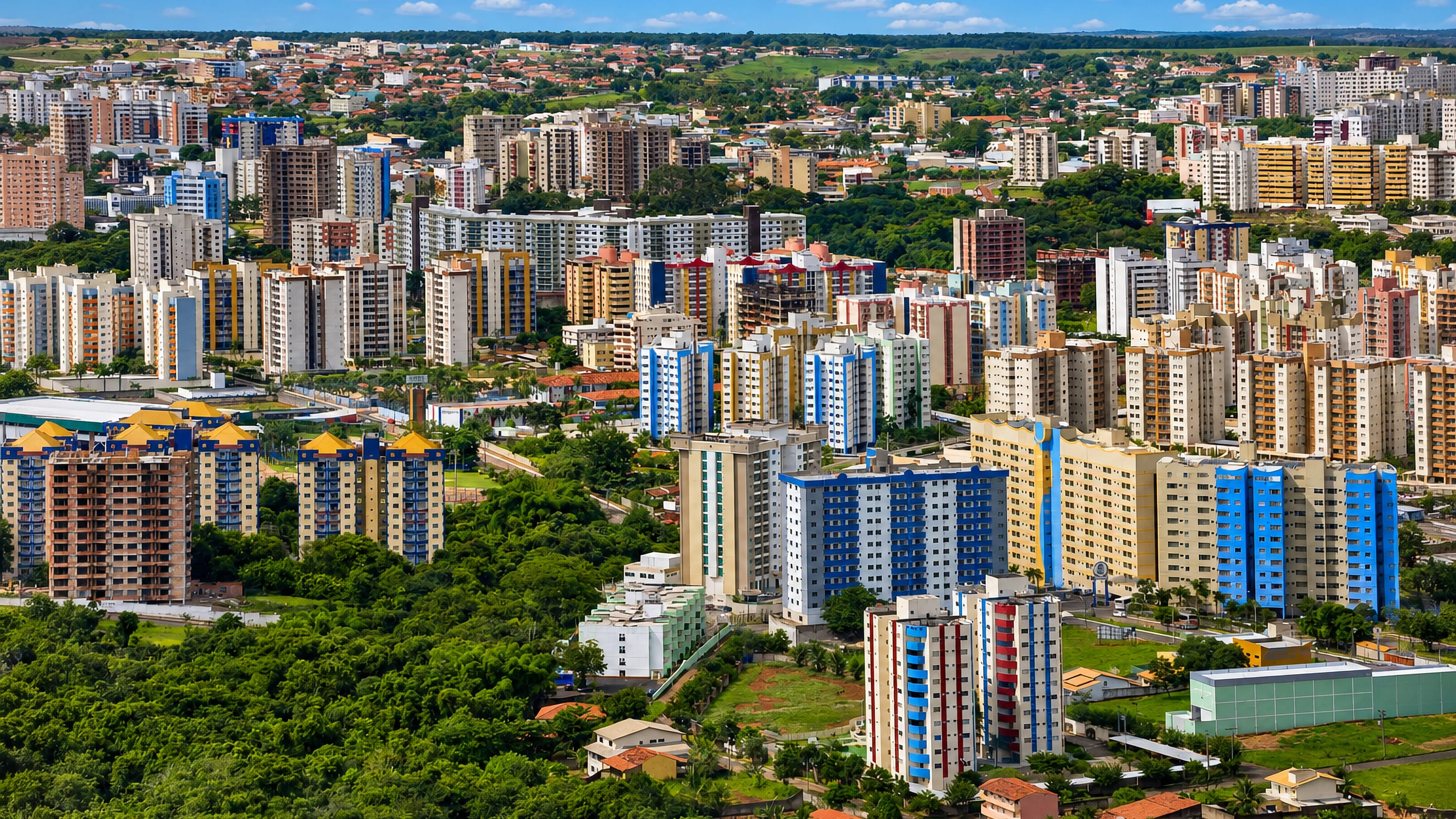 Aerial view of Caldas Novas, Goias, with its dense cluster of colourful thermal-resort towers among green hills