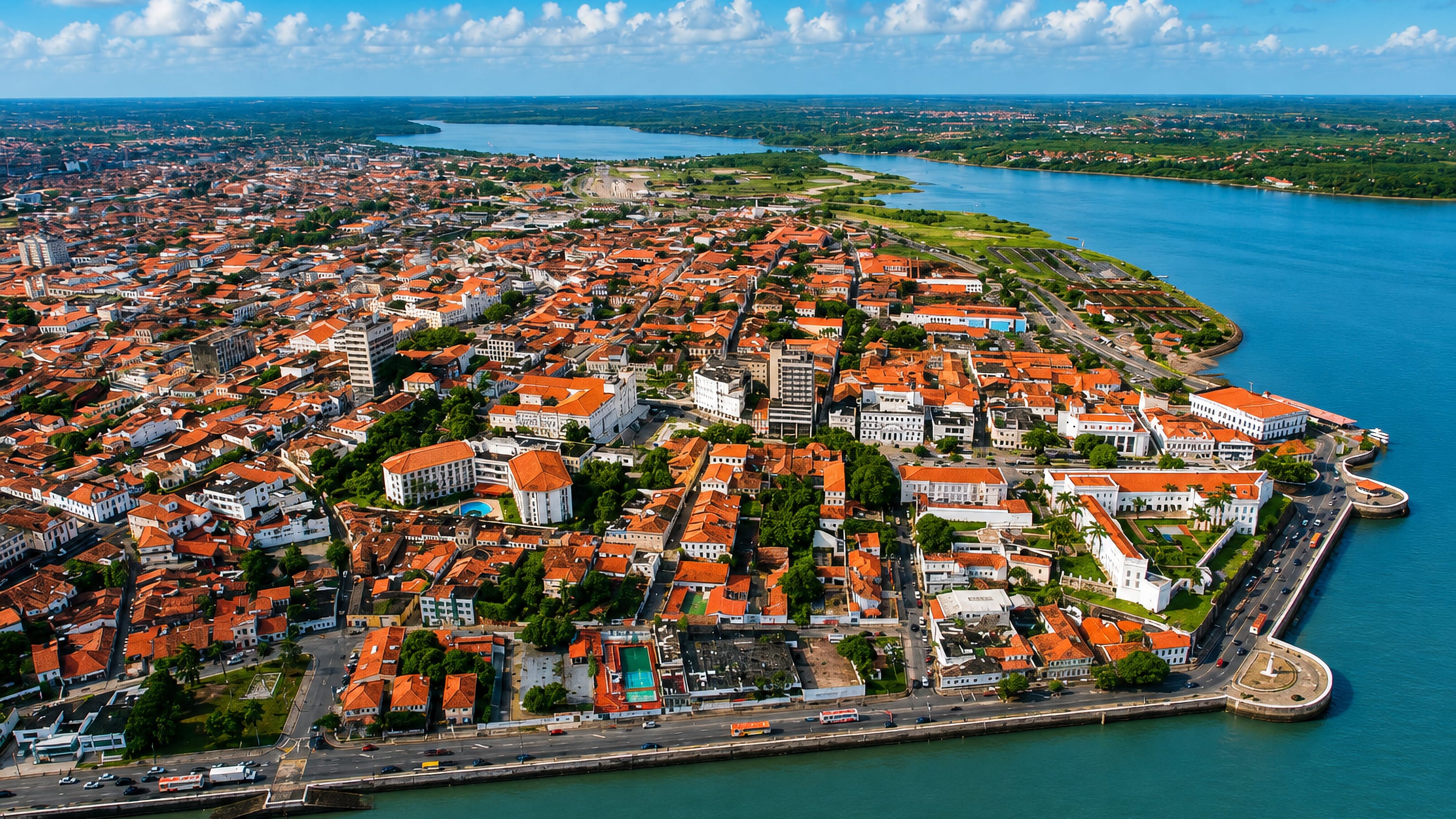 Aerial view of São Luís, Brazil, its terracotta-roofed colonial centre on a peninsula beside the bay.