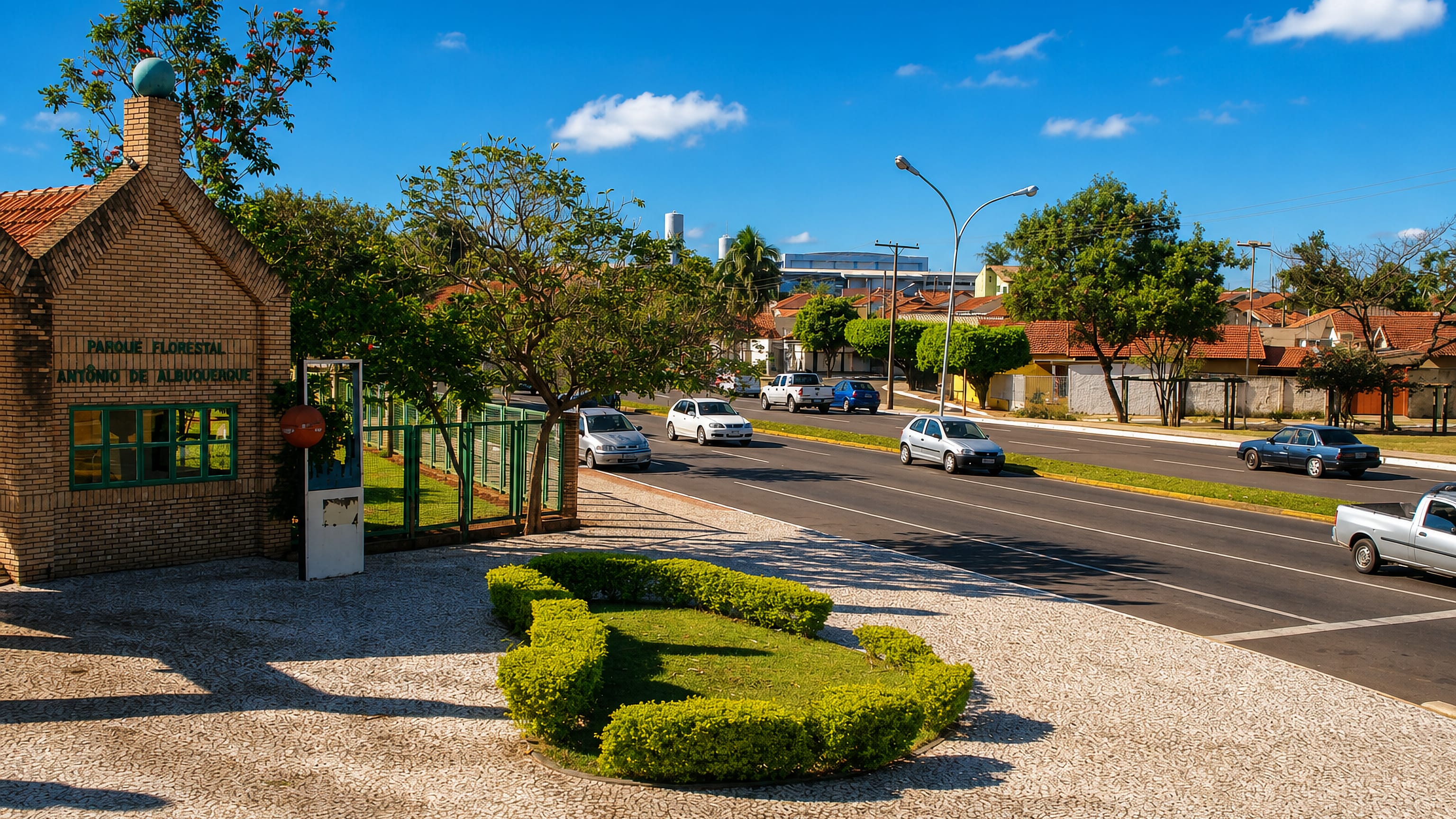 Parque Florestal Antônio de Albuquerque's brick gateway beside a wide avenue in Campo Grande, Brazil