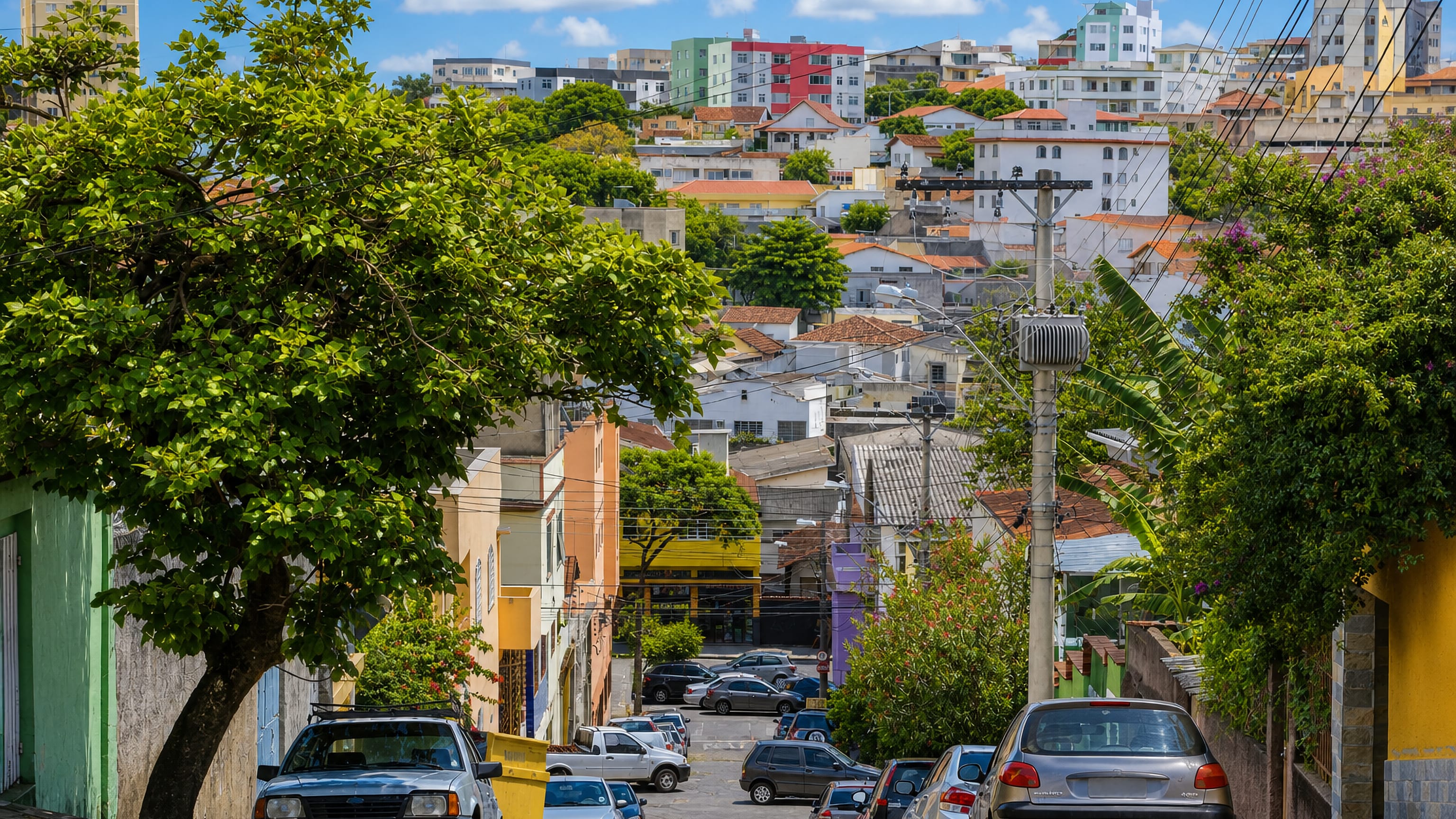 Steep tree-lined residential street in Carlos Prates, Belo Horizonte, backed by hillside apartment blocks.