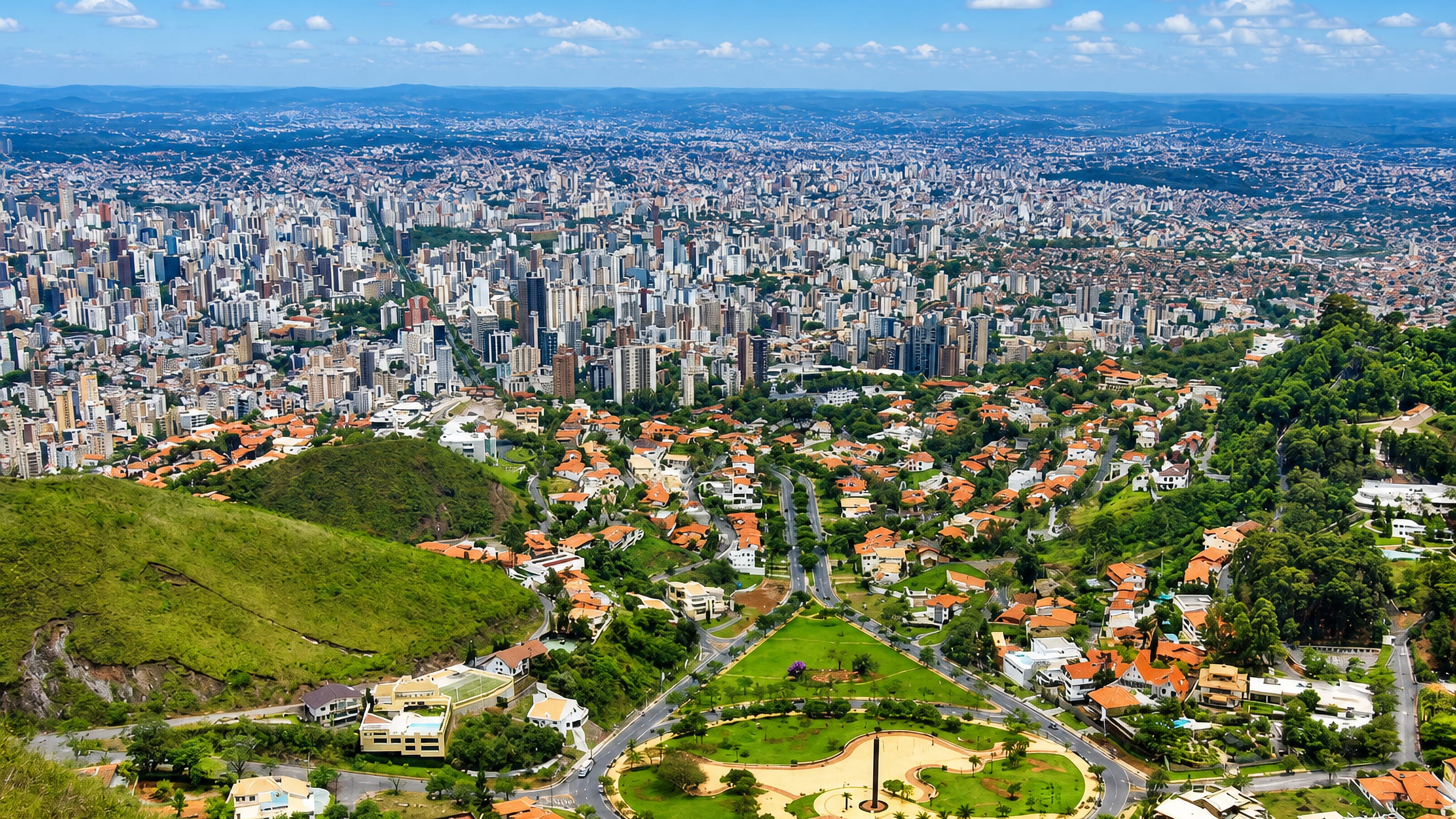 Aerial panorama of Belo Horizonte's high-rise centre spreading across its valley, with green hills and a plaza in front.