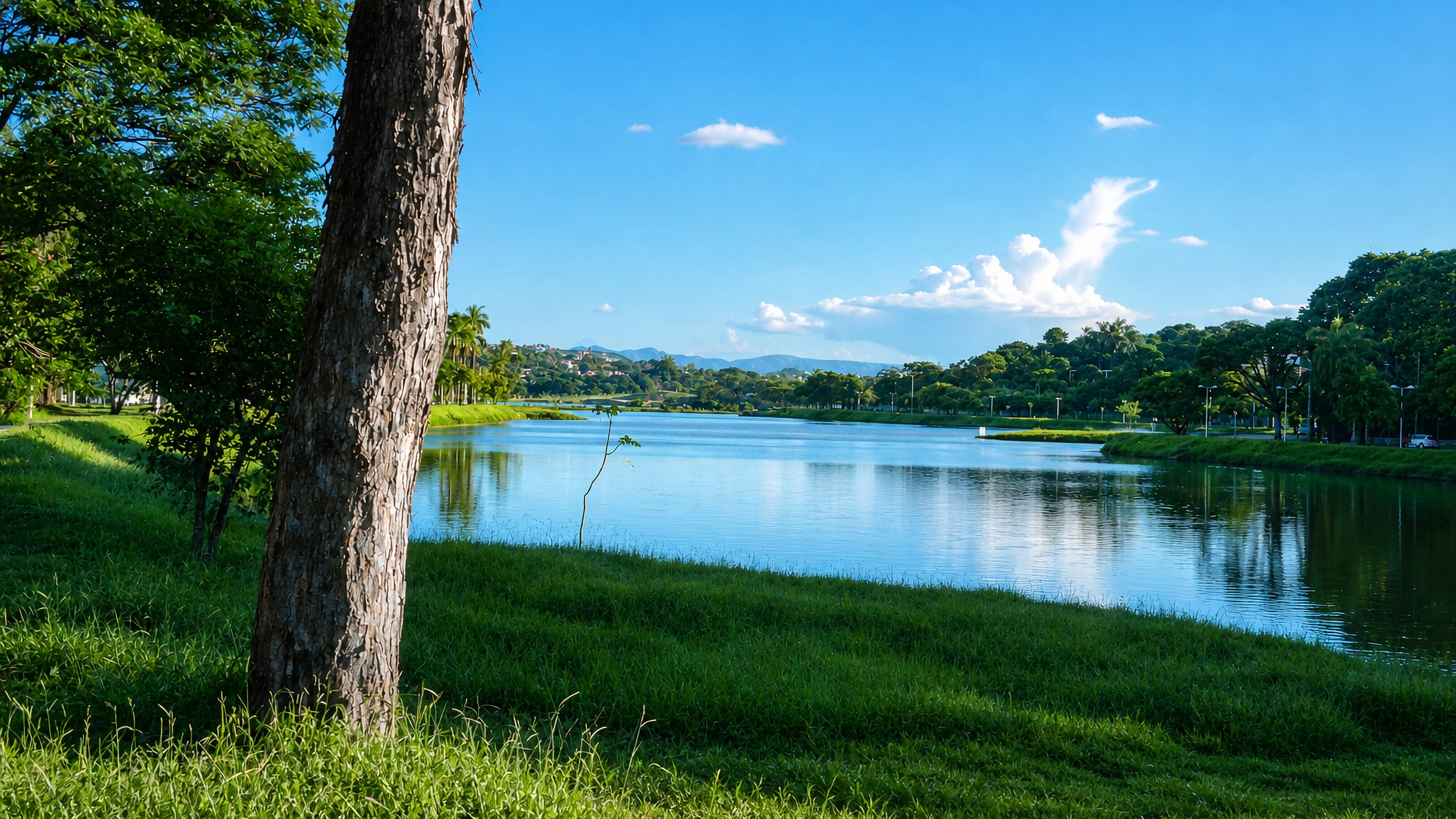 A calm lagoon fringed by lawns and trees in the Santa Amélia area of Belo Horizonte.