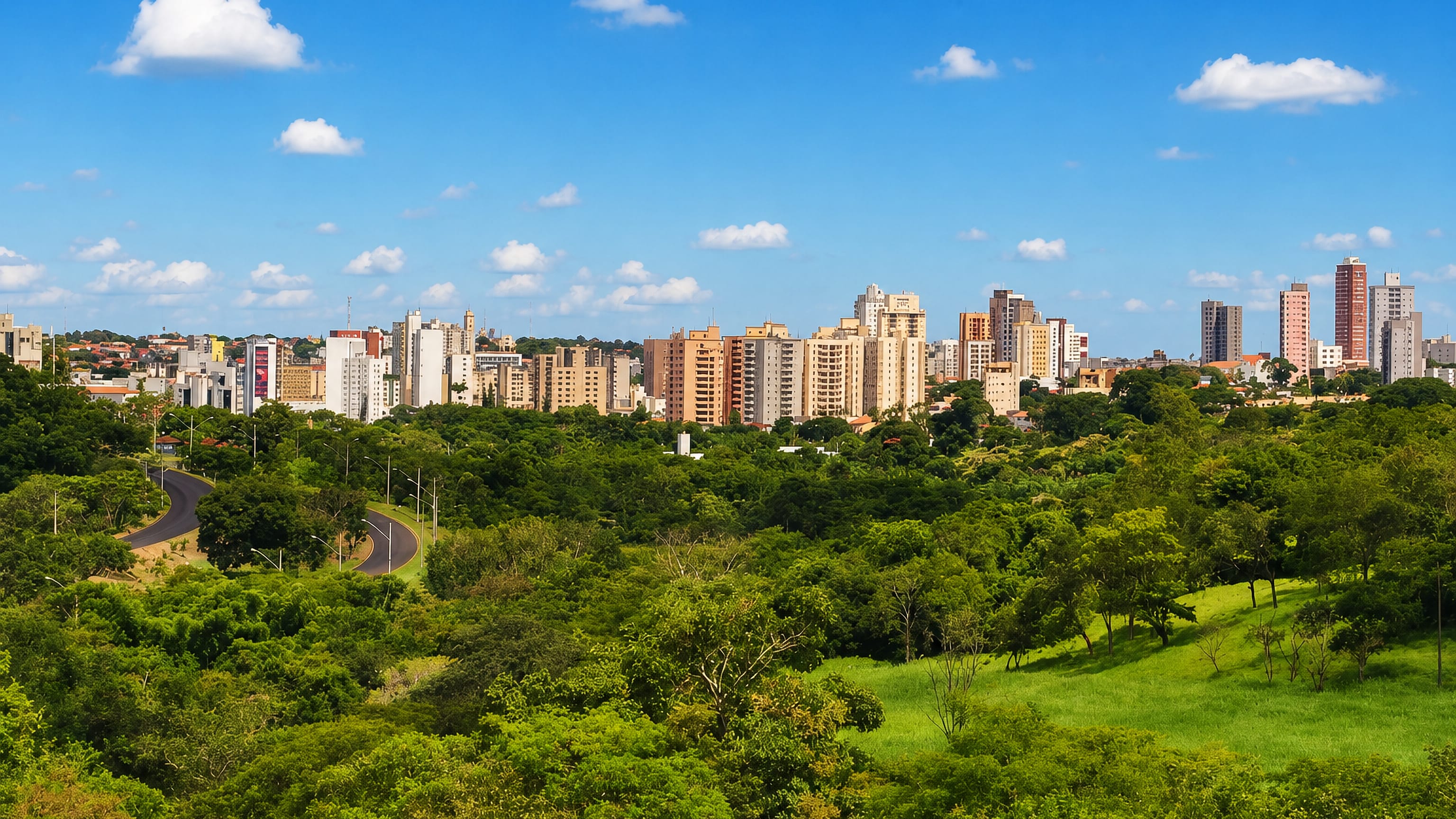 Uberaba's apartment-tower skyline rising beyond wooded green hills in Minas Gerais, Brazil.