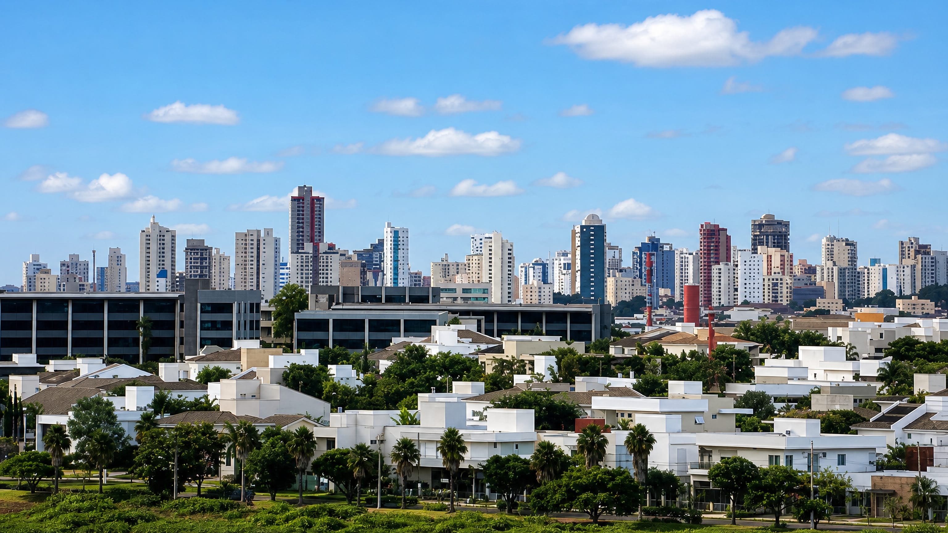 Uberlândia's mid-rise apartment skyline above white low-rise houses and palms beside a lake in Minas Gerais.