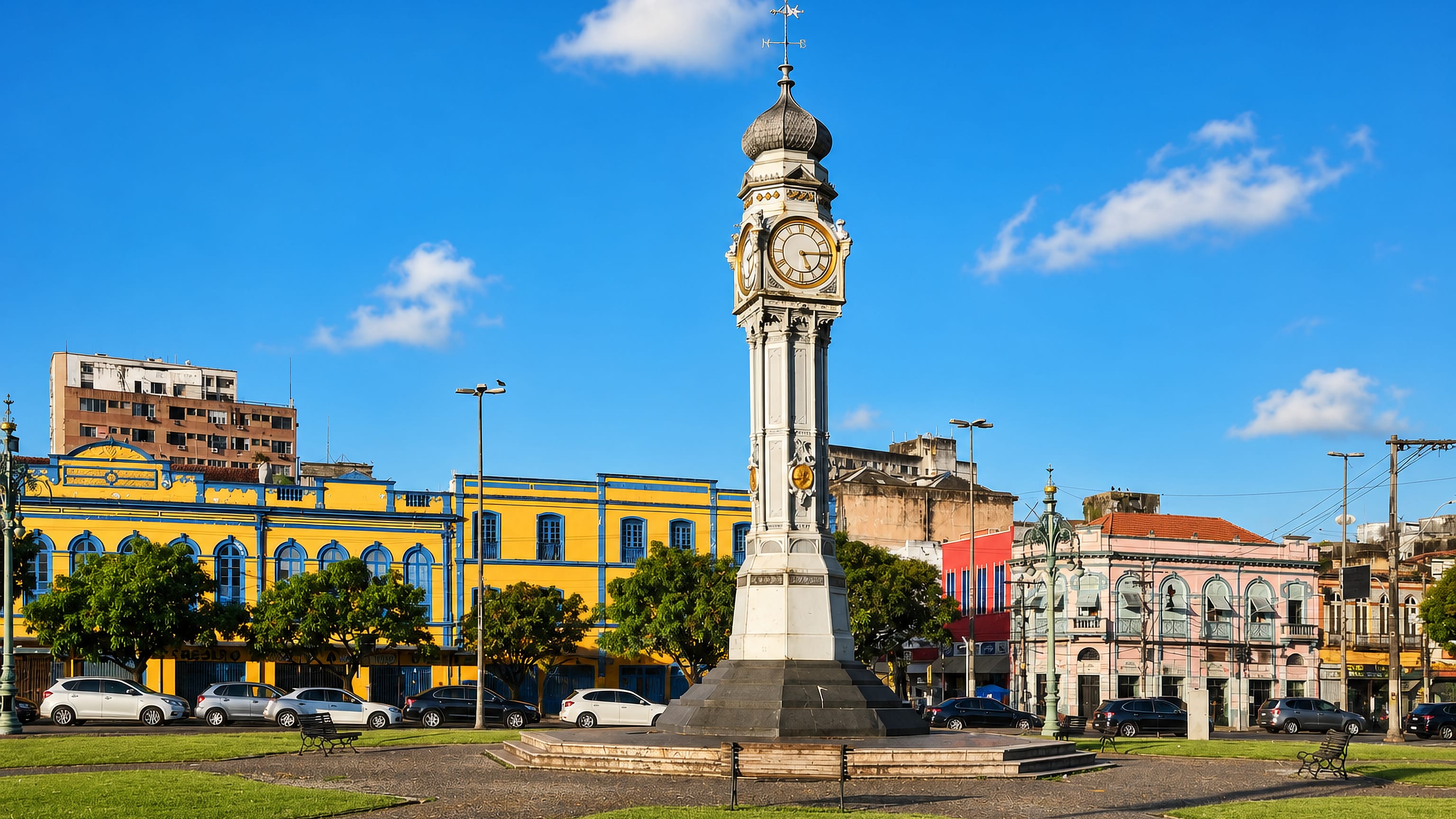 The ornate clock tower on its square, framed by yellow colonial facades, in Cidade Velha, Belém.