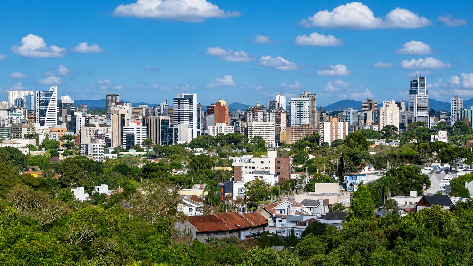 Curitiba's modern high-rise skyline rising above leafy green residential neighbourhoods.