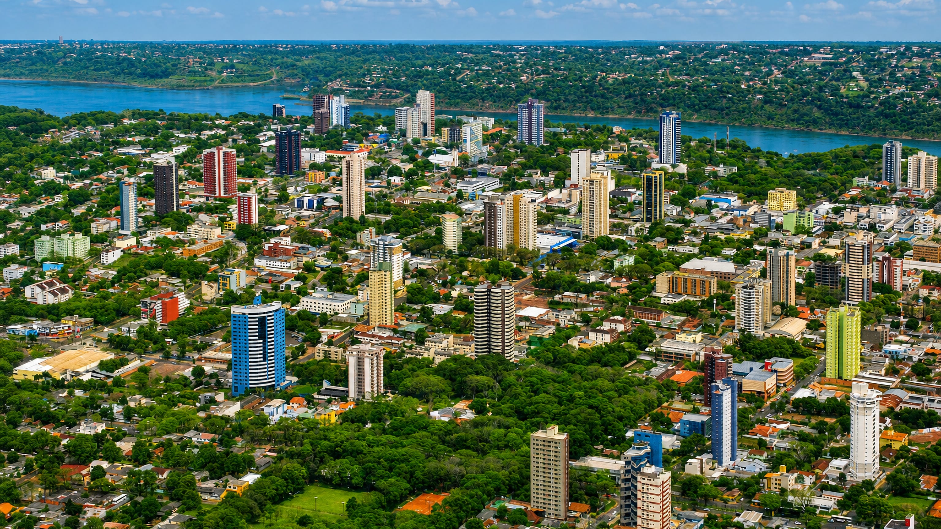 Aerial of Foz do Iguacu, Brazil: high-rise towers among dense tree canopy with the Parana River behind.