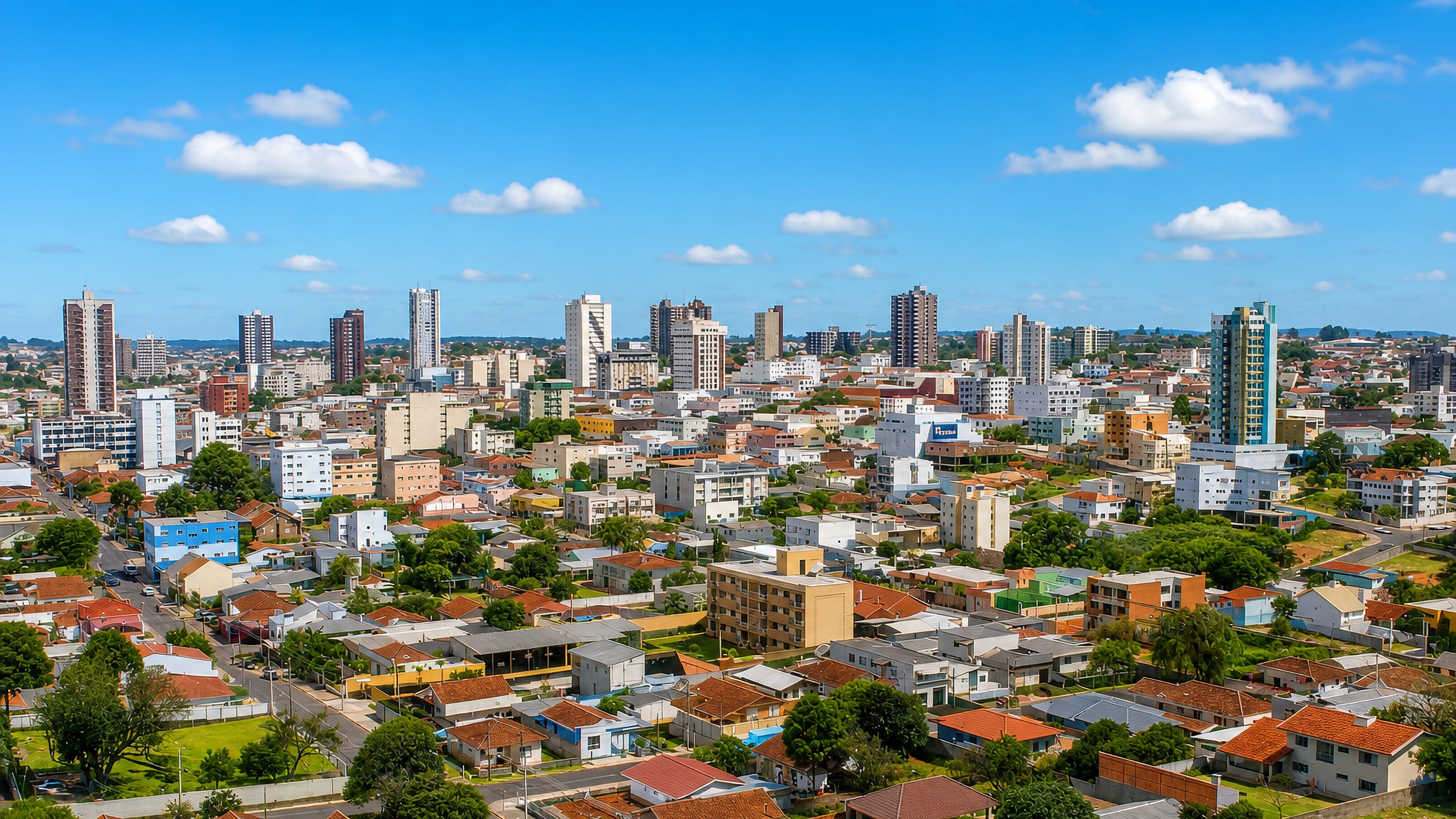 Aerial view over Guarapuava, Brazil, with red-tiled roofs, leafy streets and scattered apartment towers.