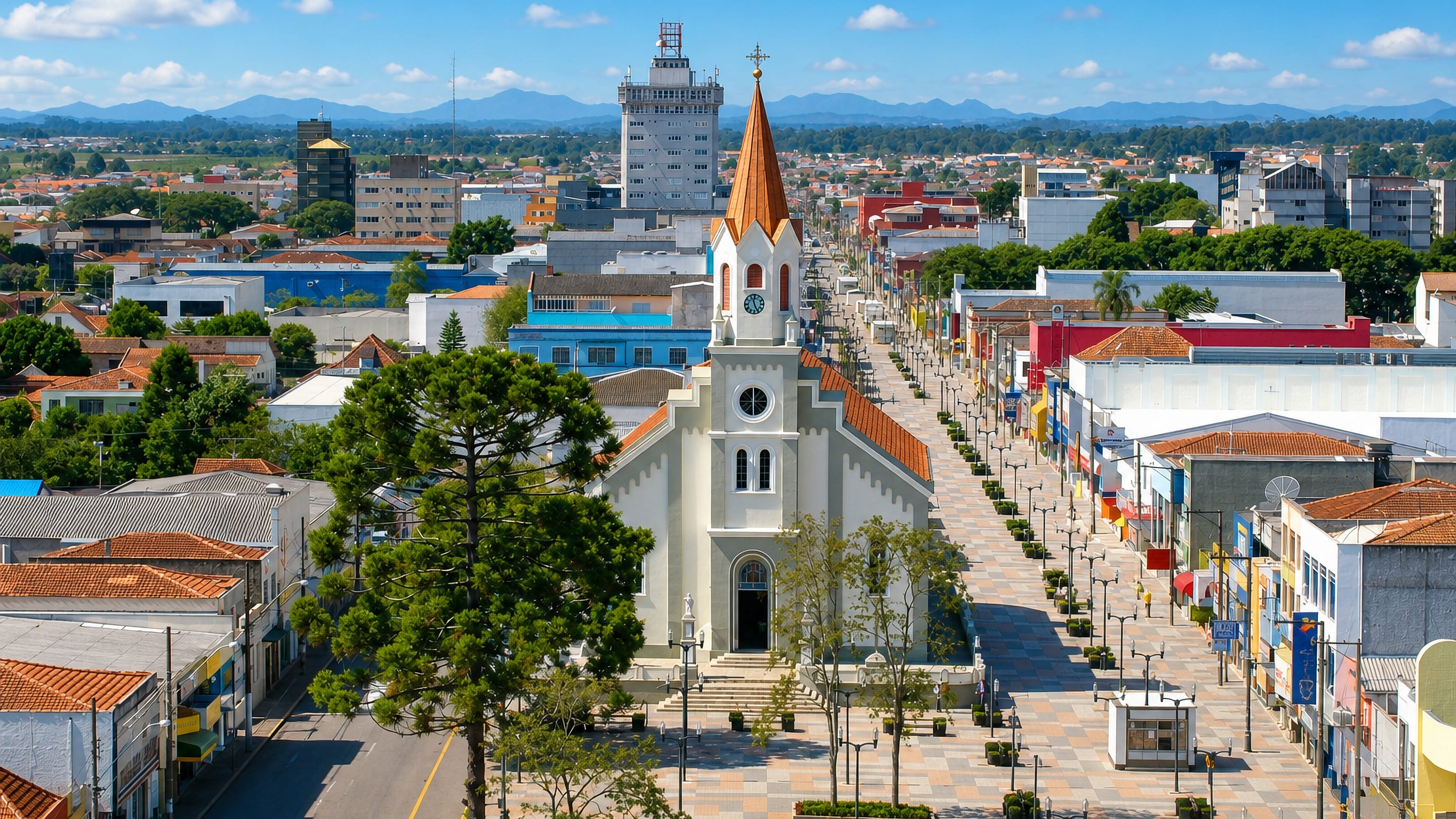 Aerial view of the central church and pedestrian mall in São José dos Pinhais, Paraná, with hills beyond