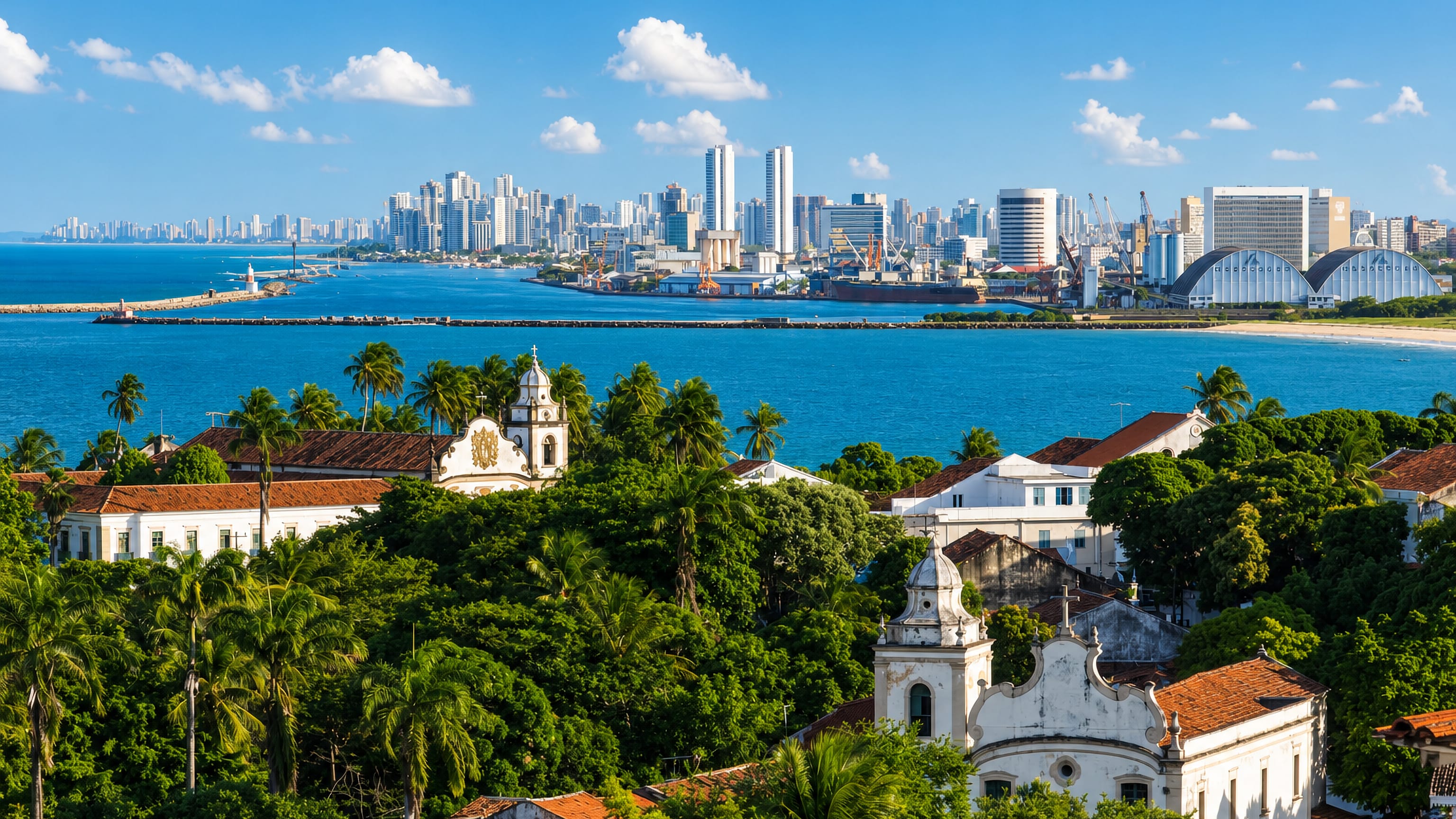 Olinda's whitewashed baroque churches and palm-covered hillside above the bay, with Recife's skyline beyond.