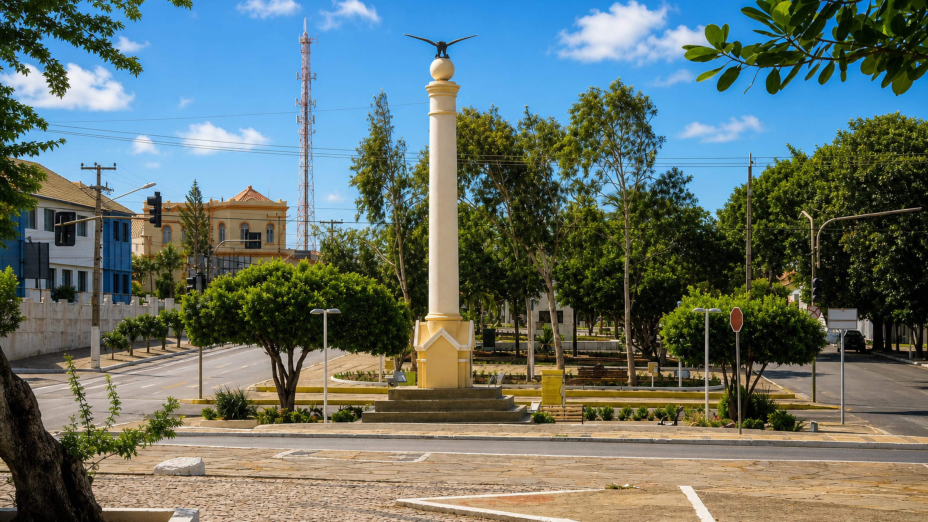 Monument column on a tree-lined square in central Parnaíba, Piauí, Brazil.
