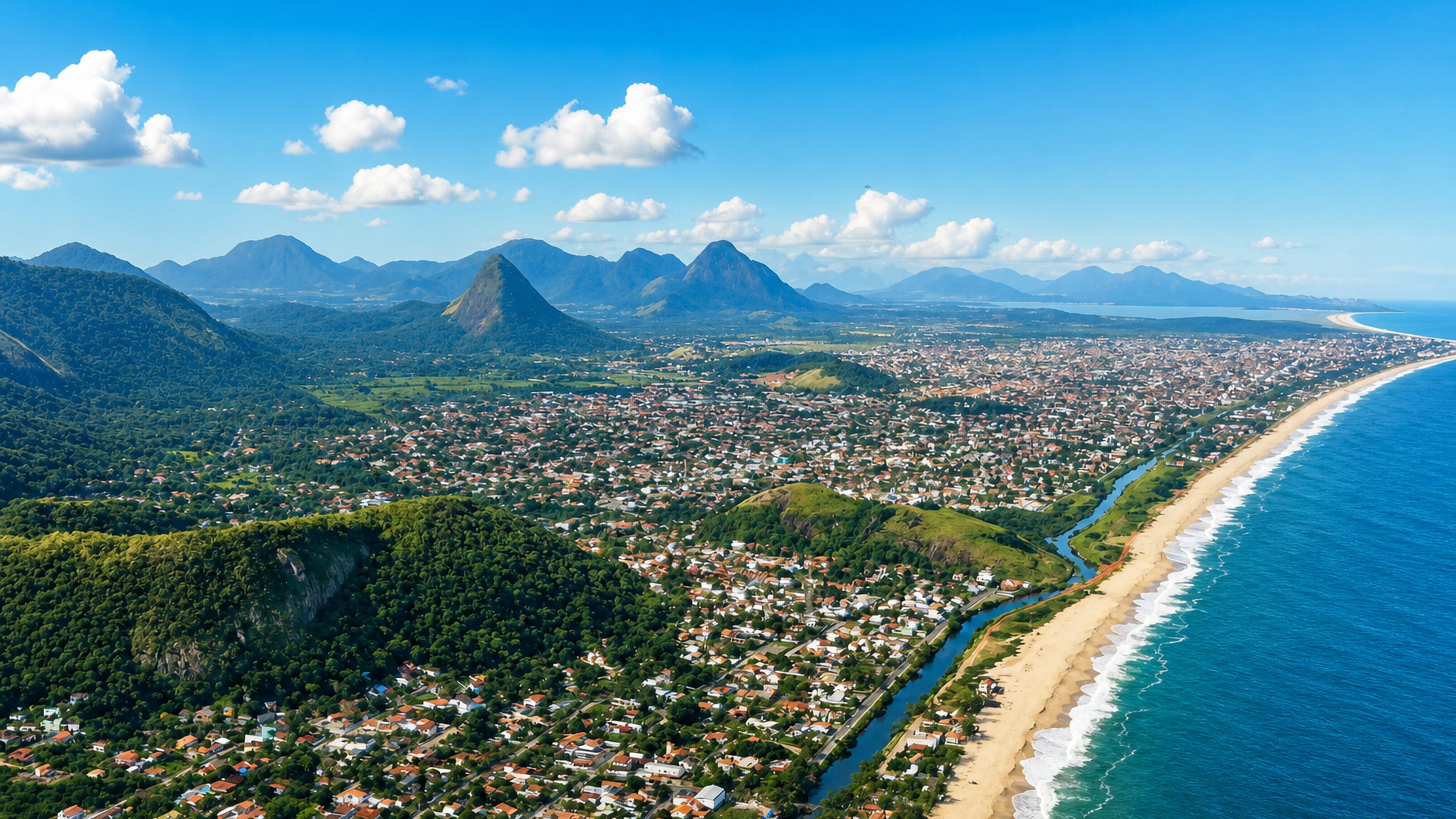 Marica's long Atlantic beach and canal beside low-rise housing, with the Serra do Mar peaks behind.