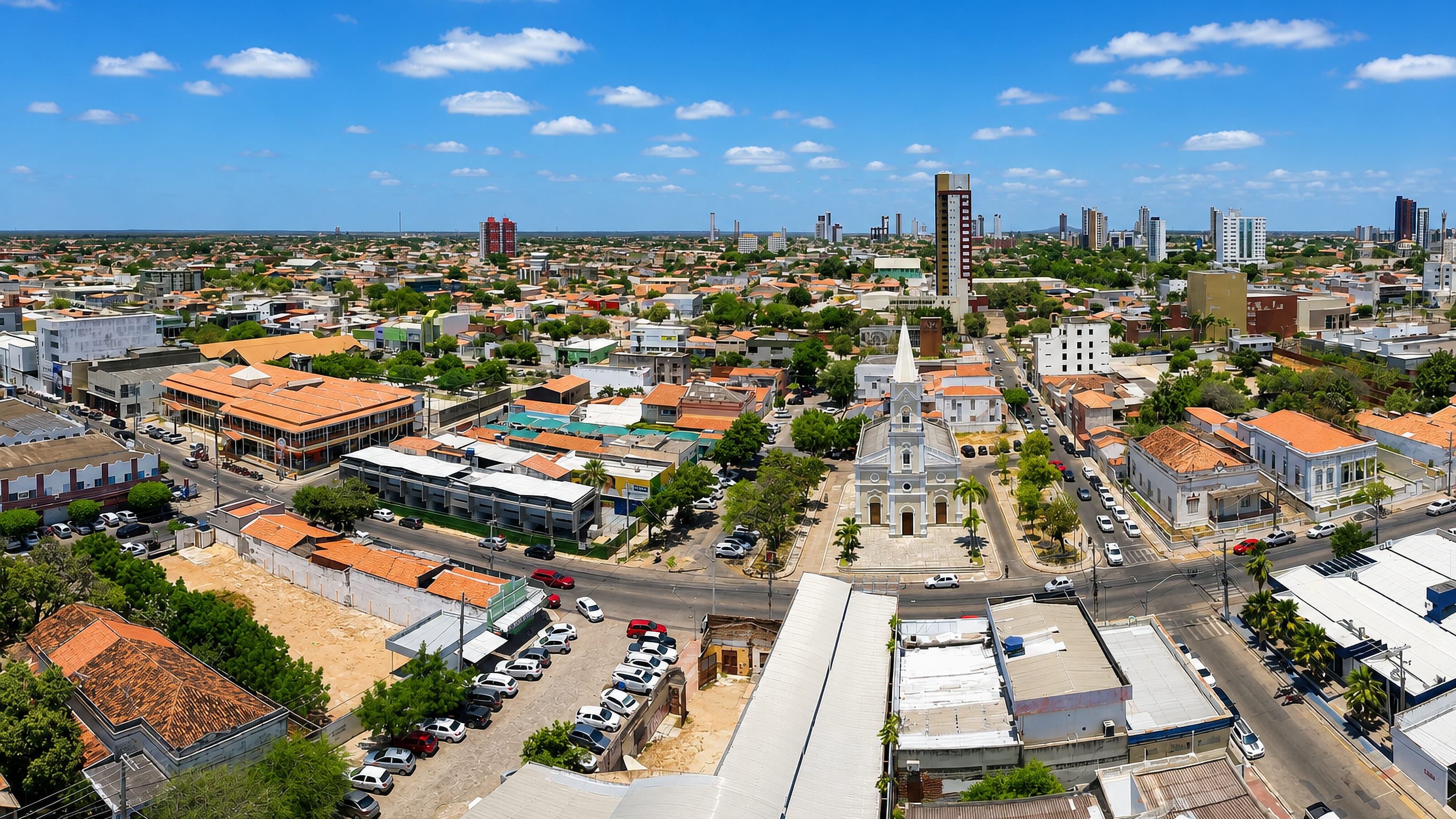 Aerial view of Mossoró, Brazil, with terracotta roofs, a white church on a central square and distant towers.