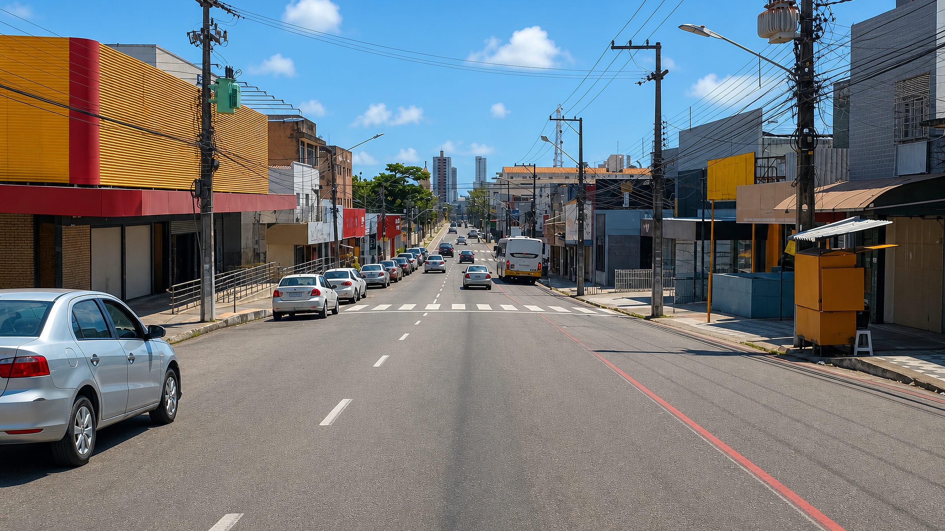 Wide sunny commercial avenue lined with low shopfronts and awnings in Natal's Alecrim district, Brazil