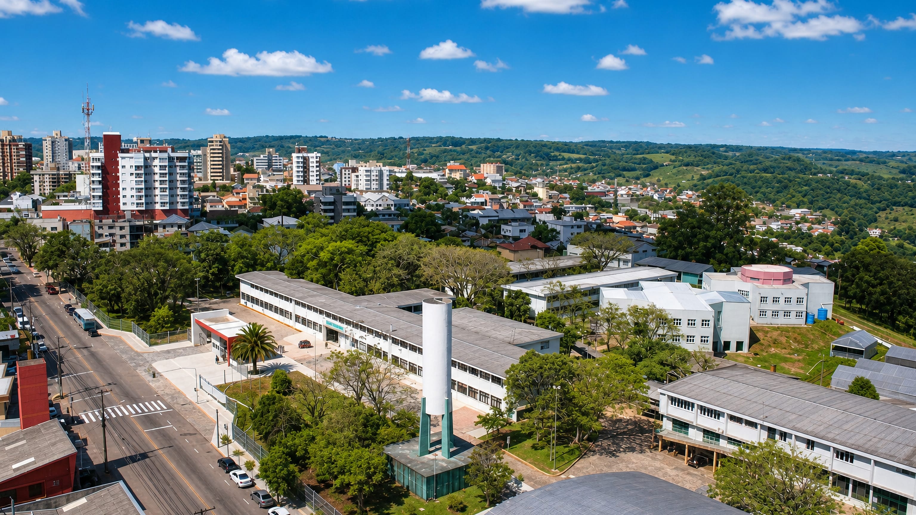 Aerial view of Bento Gonçalves, Rio Grande do Sul, with apartment towers set among green Serra Gaúcha hills.