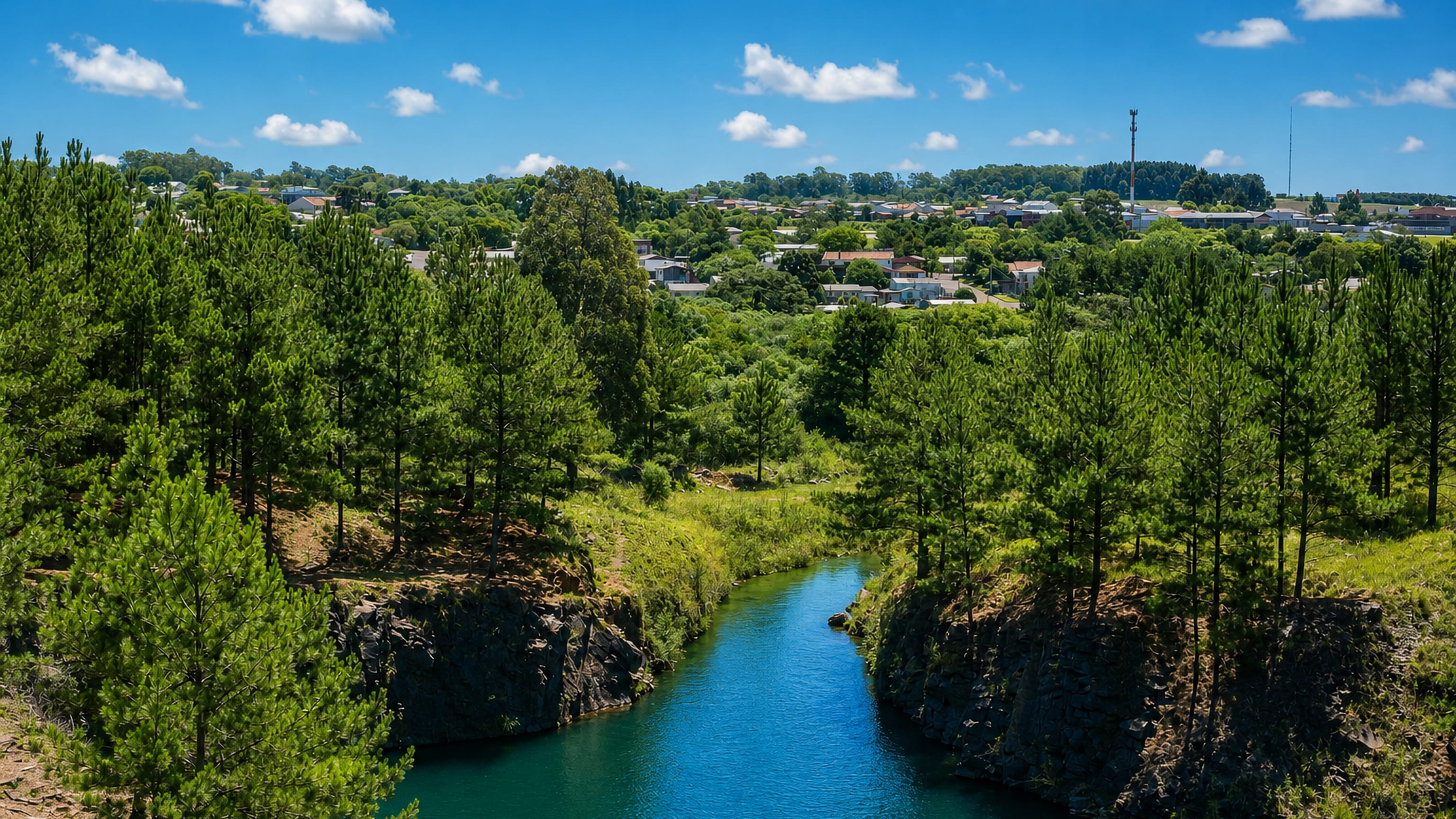 Pine-fringed rocky river gorge below the rooftops of Passo Fundo, Rio Grande do Sul, Brazil.