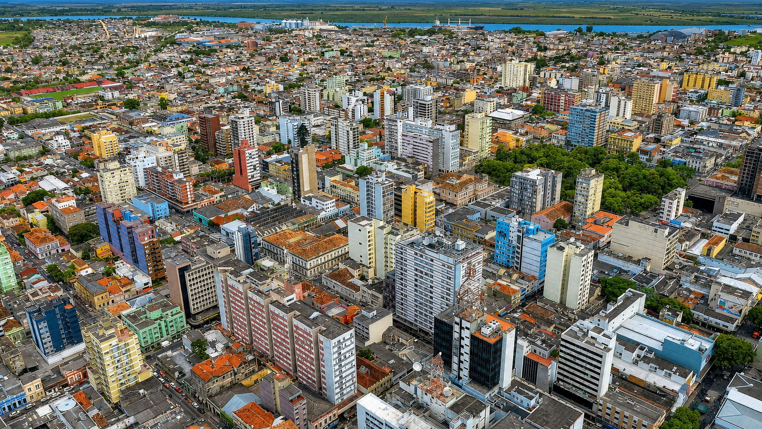 Aerial view over Pelotas, Brazil, with colourful mid-rise blocks and the São Gonçalo channel on the horizon.