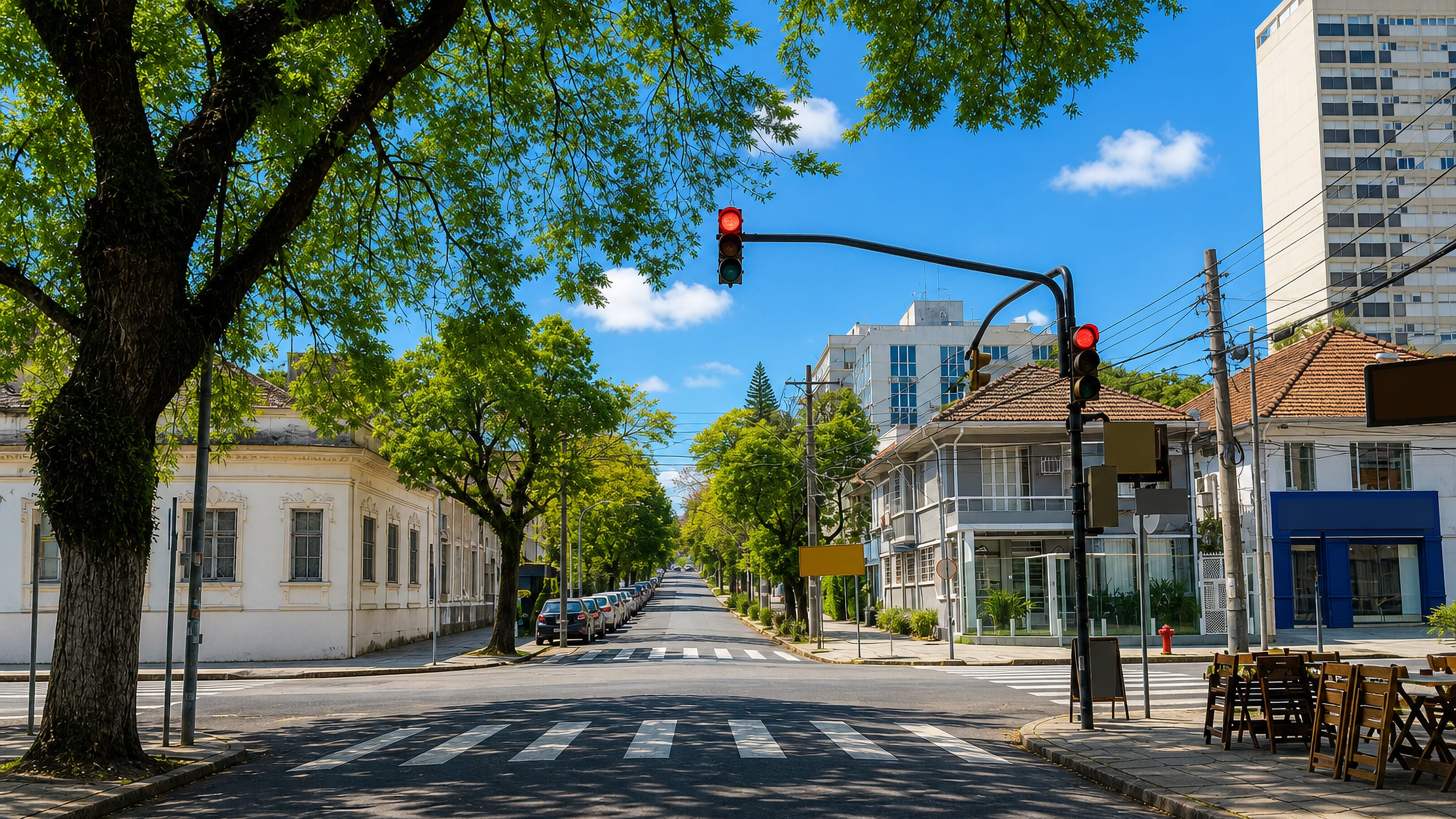 Leafy avenue crossing with a colonial villa and apartment towers in Auxiliadora, Porto Alegre.
