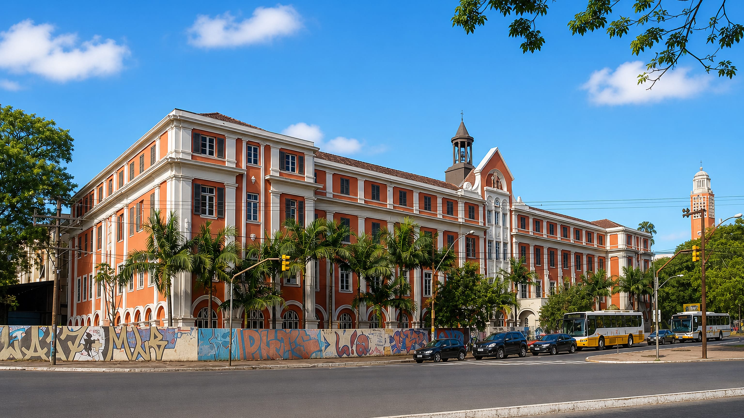 Long orange neoclassical building behind palms and a graffiti wall on a street in Cidade Baixa, Porto Alegre.