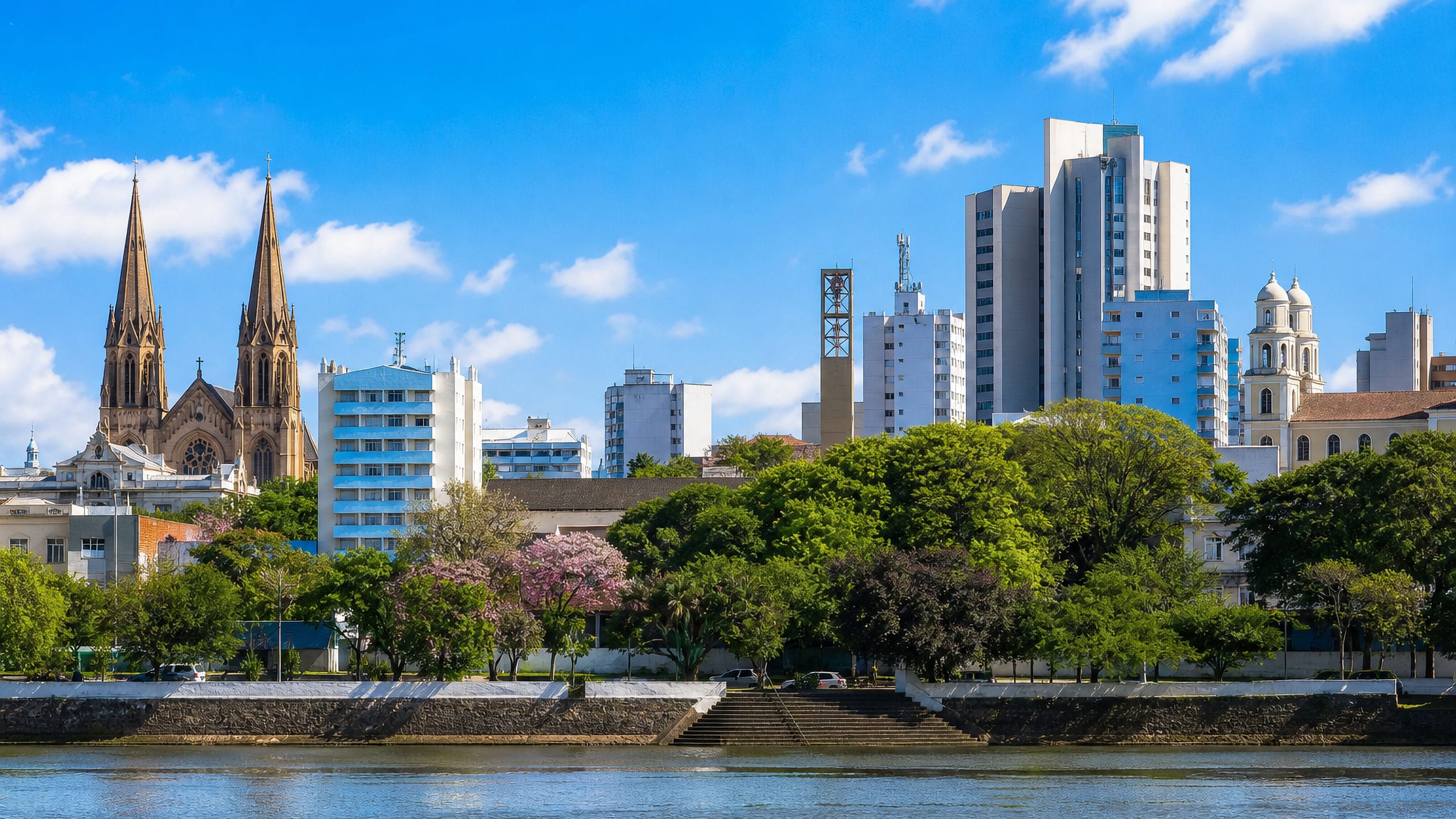 Waterfront skyline of Santa Cruz do Sul, Brazil, with a twin-spired cathedral among mid-rise blocks.