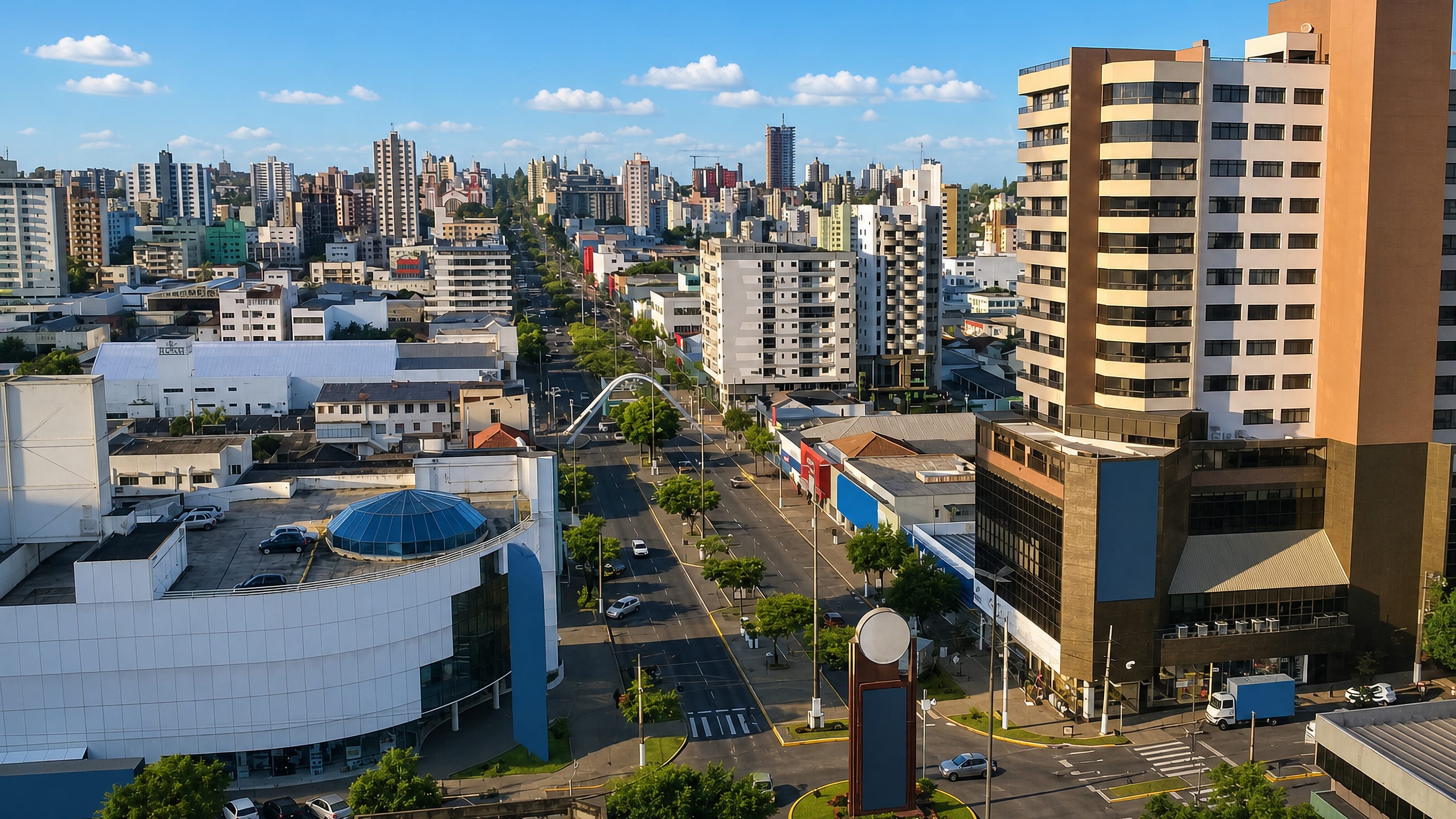 Aerial view along a tree-lined avenue through Chapeco's mid-rise downtown in Santa Catarina, Brazil.