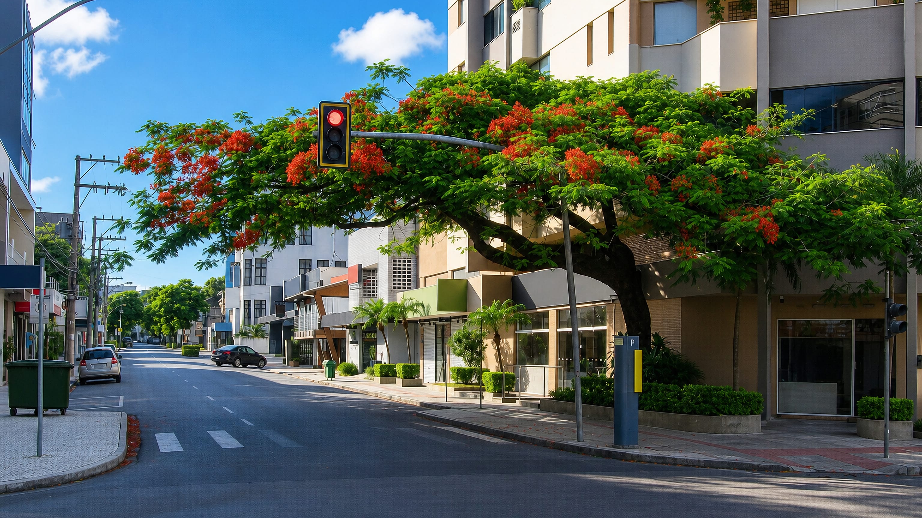 A quiet Criciúma street lined with apartment blocks and a flowering flamboyant tree.
