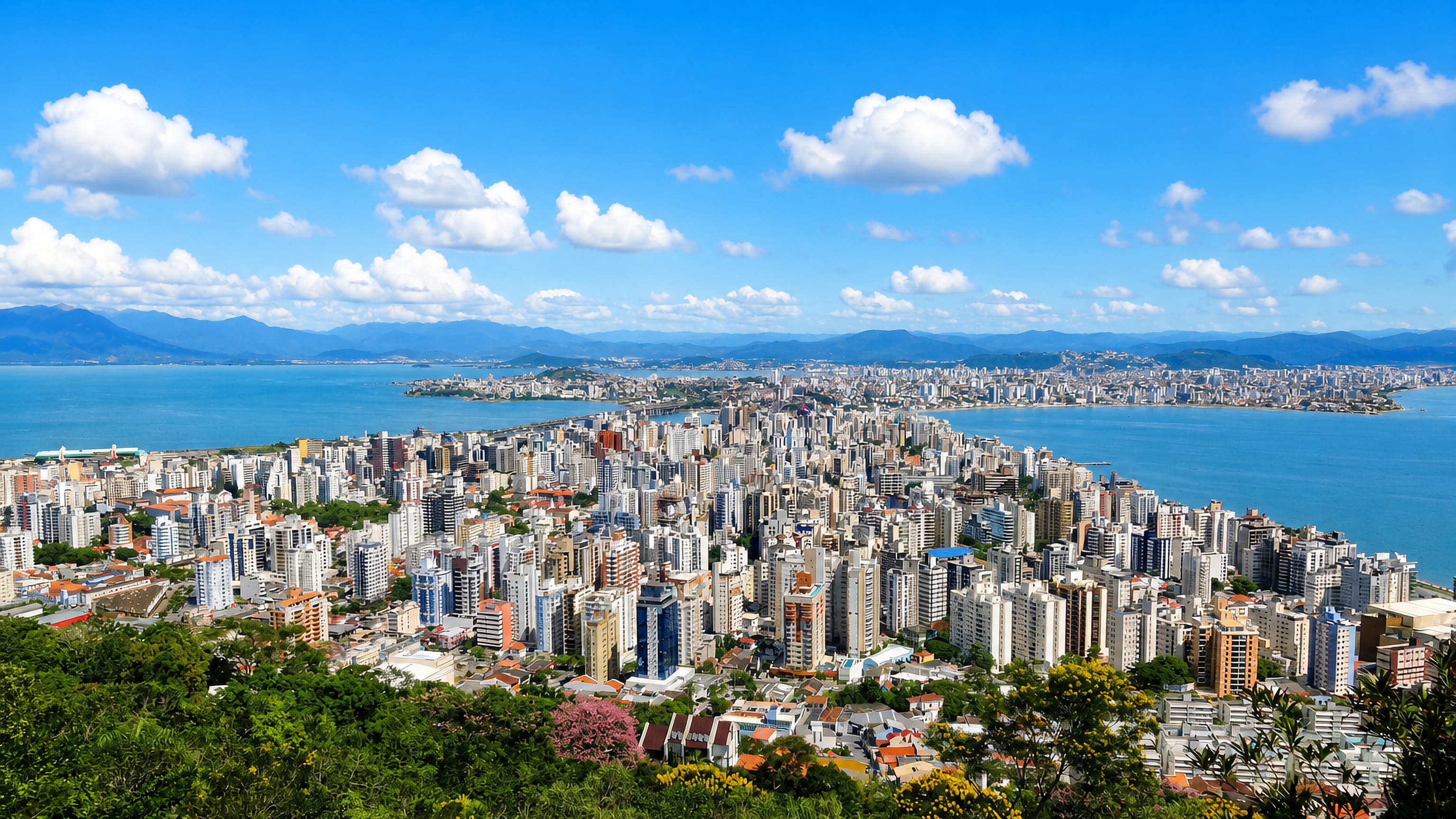 Florianópolis high-rises crowding the island peninsula between blue bays, with mainland mountains beyond.
