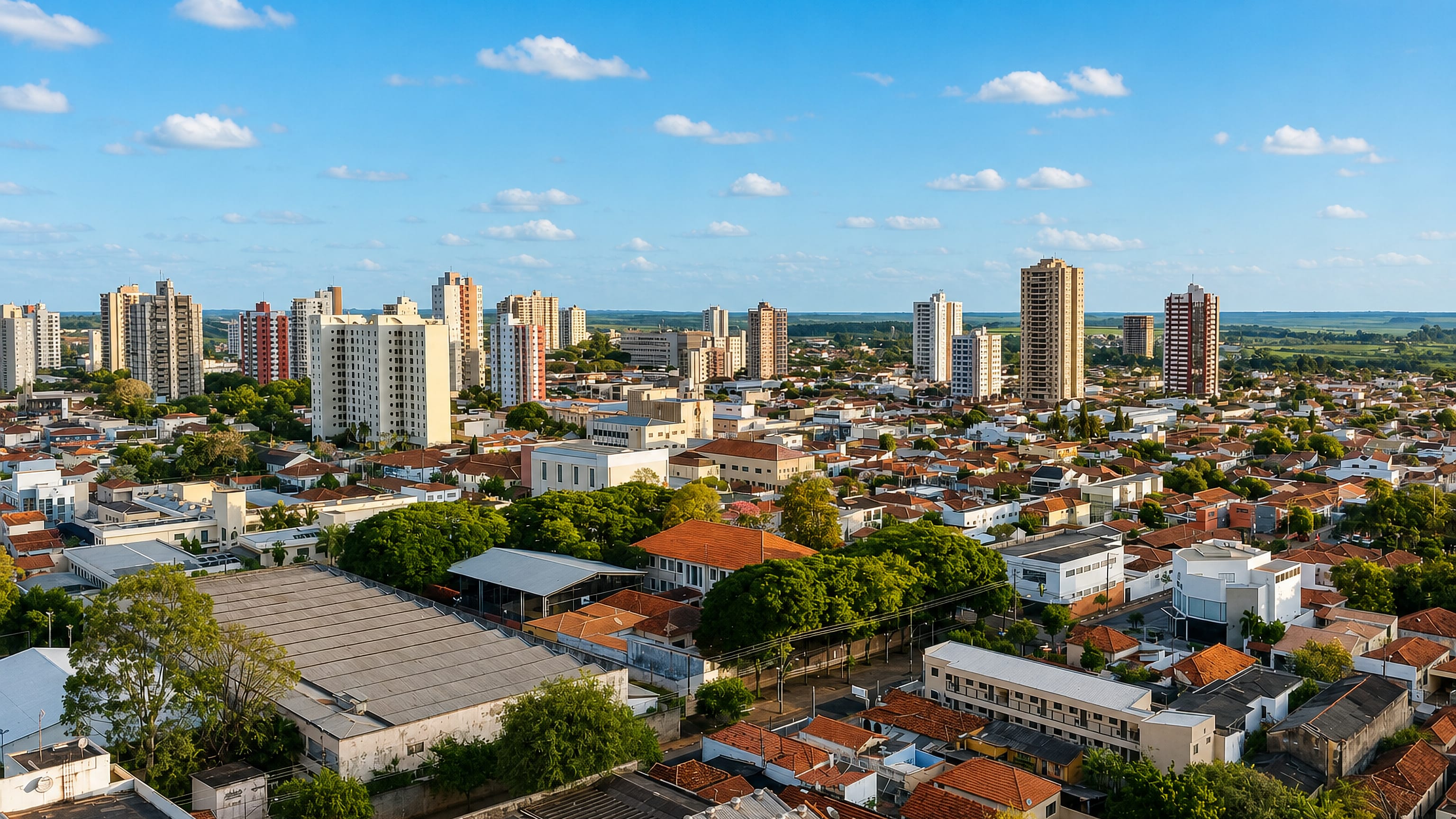 Aerial of Araraquara, Brazil, with red-tiled roofs, residential towers and a farmland horizon