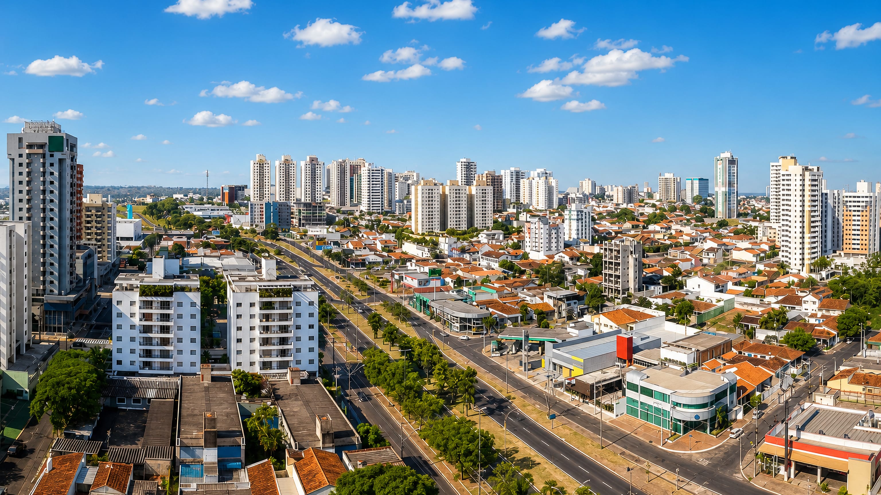 Tree-lined divided avenue, red-tiled houses and apartment towers across Bauru, São Paulo, Brazil.