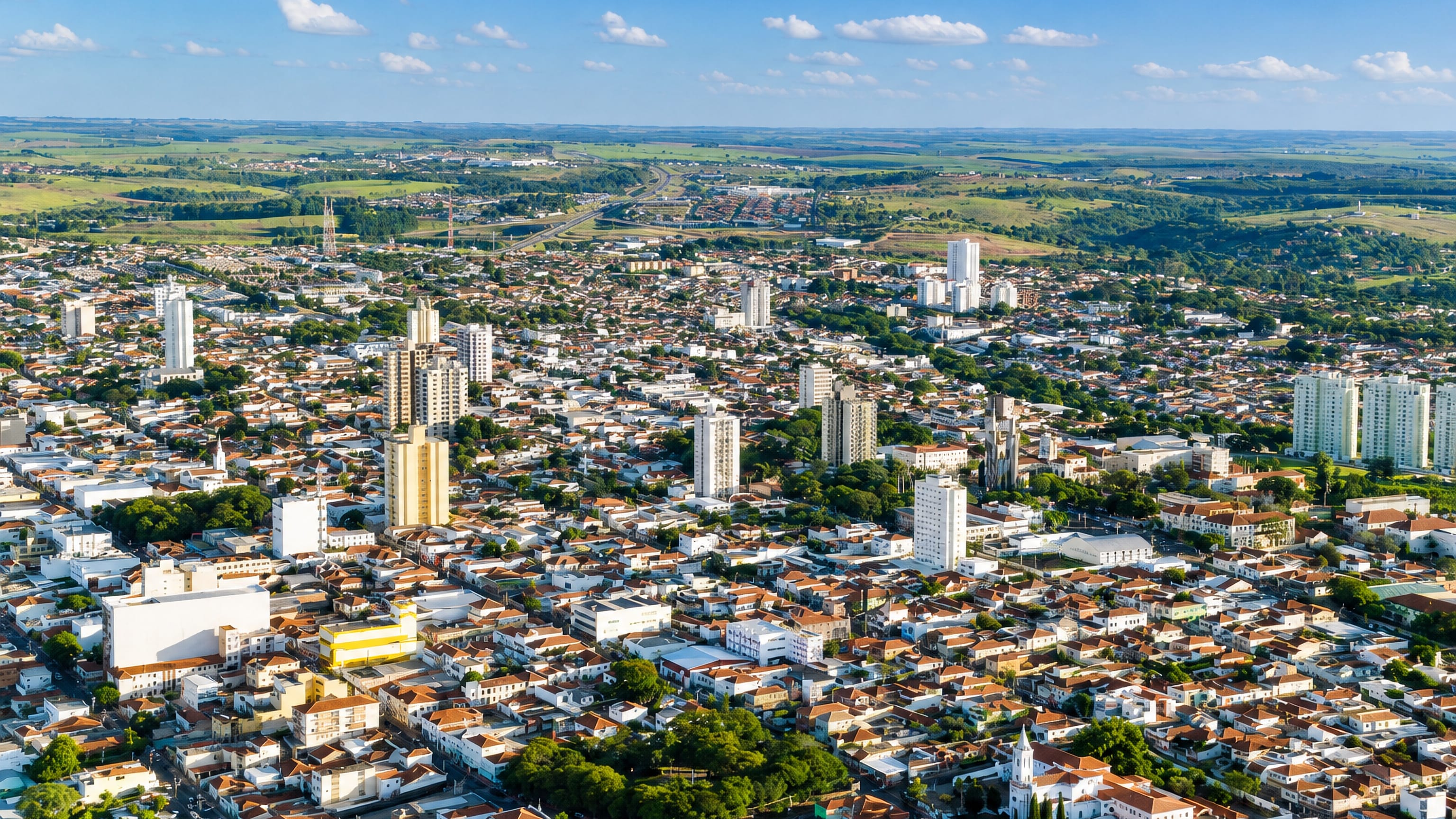 Aerial view of Botucatu, Brazil, red-tiled rooftops and apartment towers spreading toward green farmland.