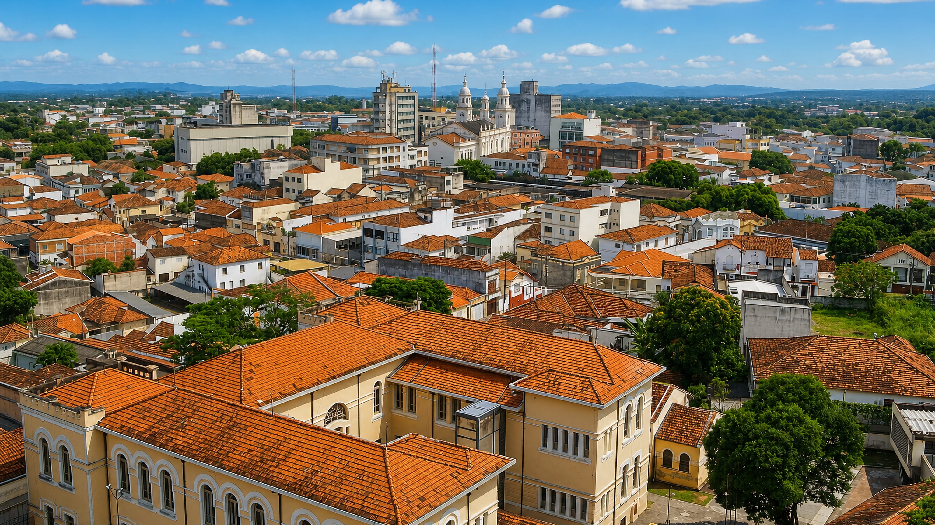 Aerial view of Guaratingueta's terracotta rooftops and twin-towered church with the Paraiba valley hills beyond