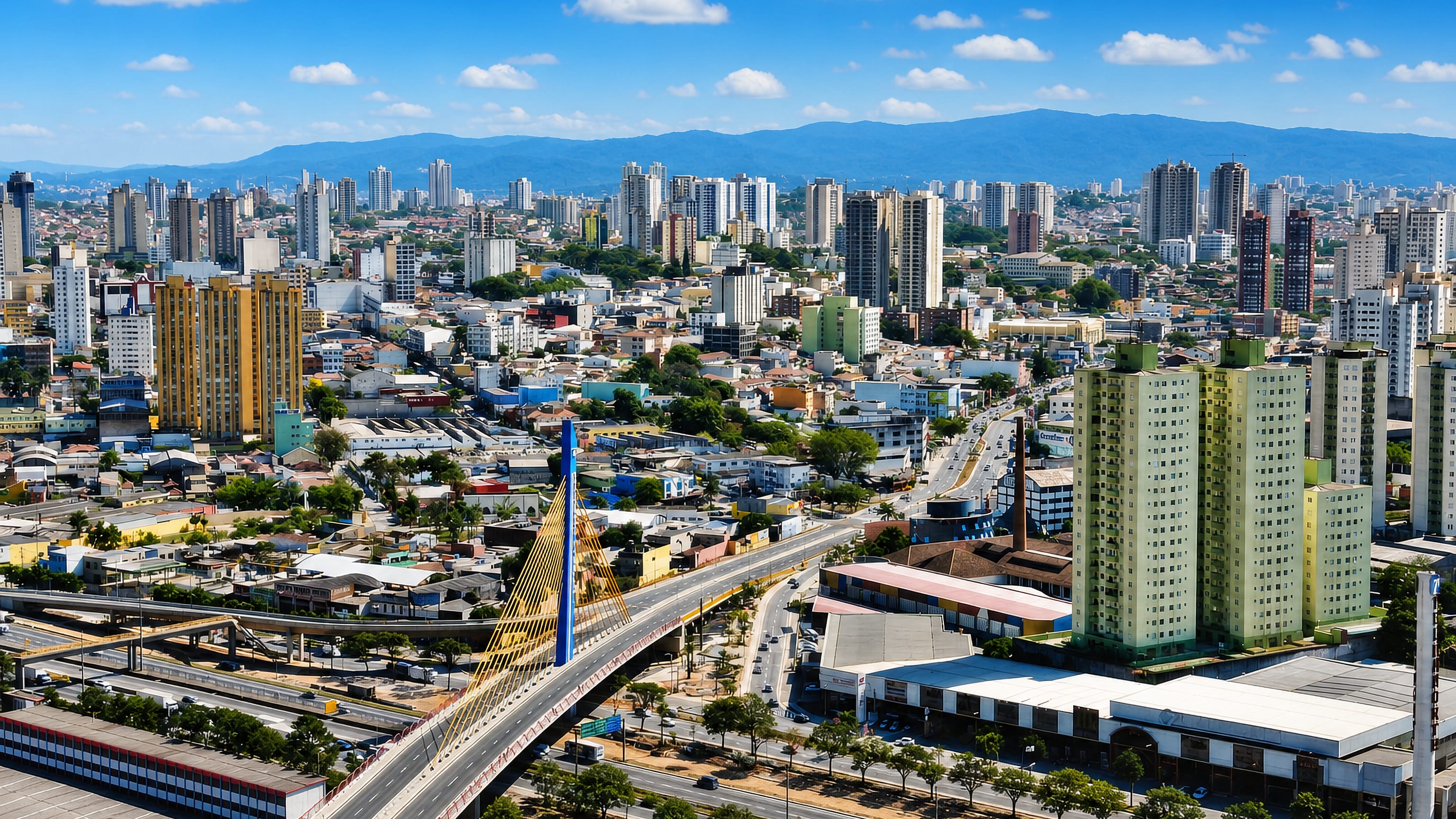 Dense Guarulhos skyline with a cable-stayed bridge over the ring road and the Cantareira hills behind.